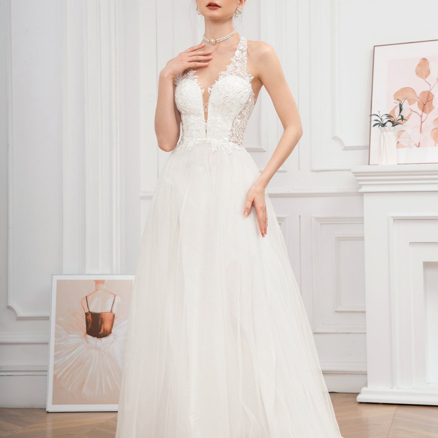 Long Embroidered Guipure Lace Halter Neck Formal Dress - Elegant Backless Ball Gown with Cross Strape Detail, Semi-Sheer Mesh Fabric, Flared Hem, and Chest Pad - Perfect for Wedding Party, Hand Wash Only