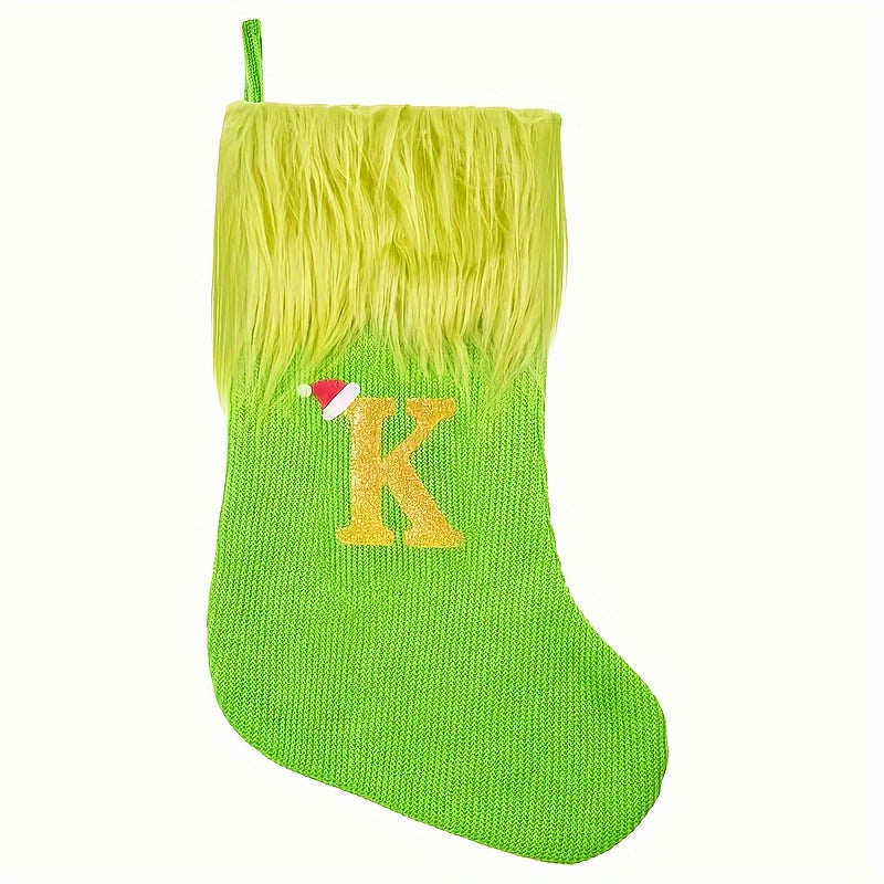 Green Faux Fur Christmas Stockings with Embroidered Letters, 18-inch Festive Holiday Decor, for Home & Party, Polyester, Christmas Decor