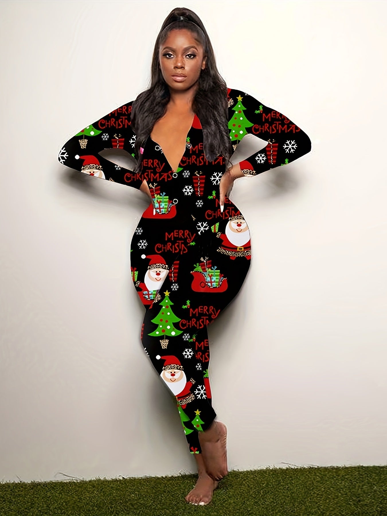Cozy Festive Lounge Jumpsuit - Soft Long Sleeve, V Neck, Button Front, Relaxed Fit, Comfy Women's Loungewear & Sleepwear for Christmas