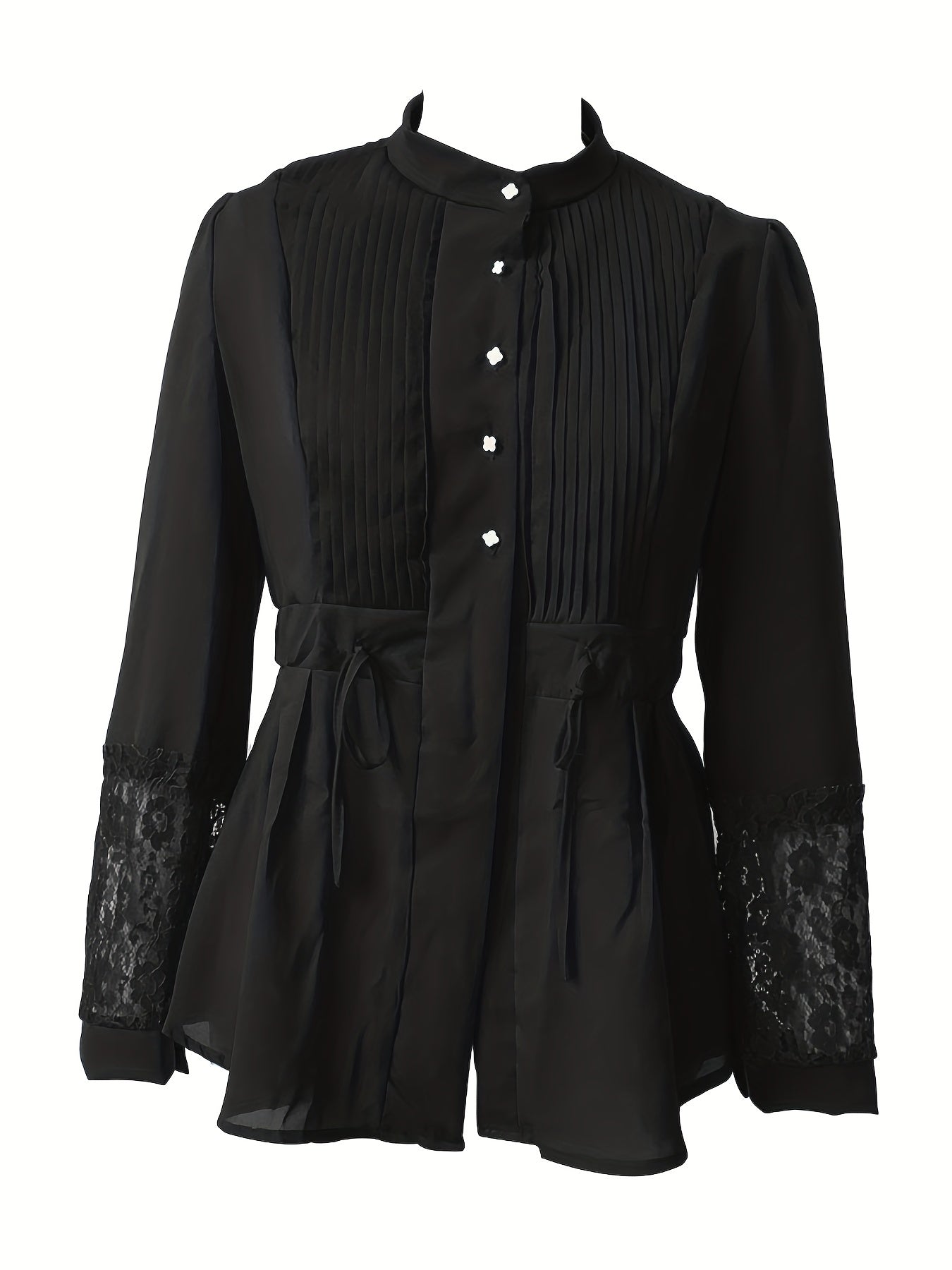 Elegant Lace Blouse - Long Sleeve, Mock Neck, Pleated Contrast Design, Women's Clothing for Chic Style