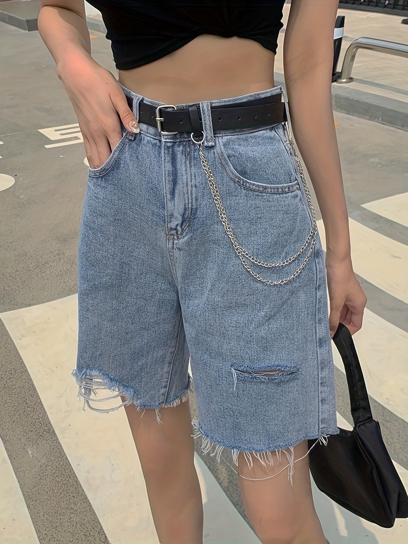 ZllKl Ripped Raw Hem Denim Shorts Jorts, Distressed Washed Blue Denim Shorts, Women's Denim Jeans & Clothing