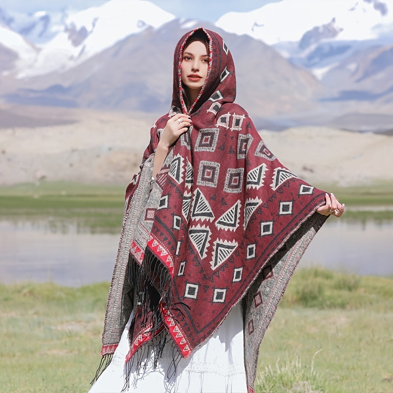 Cozy Oversized Hoodie Scarf Blanket - Stylish Boho Geometric Print with Tassels - Ultra-Soft Warm Cape for Outdoor Adventures, Windproof & Thick Cardigan Shawl