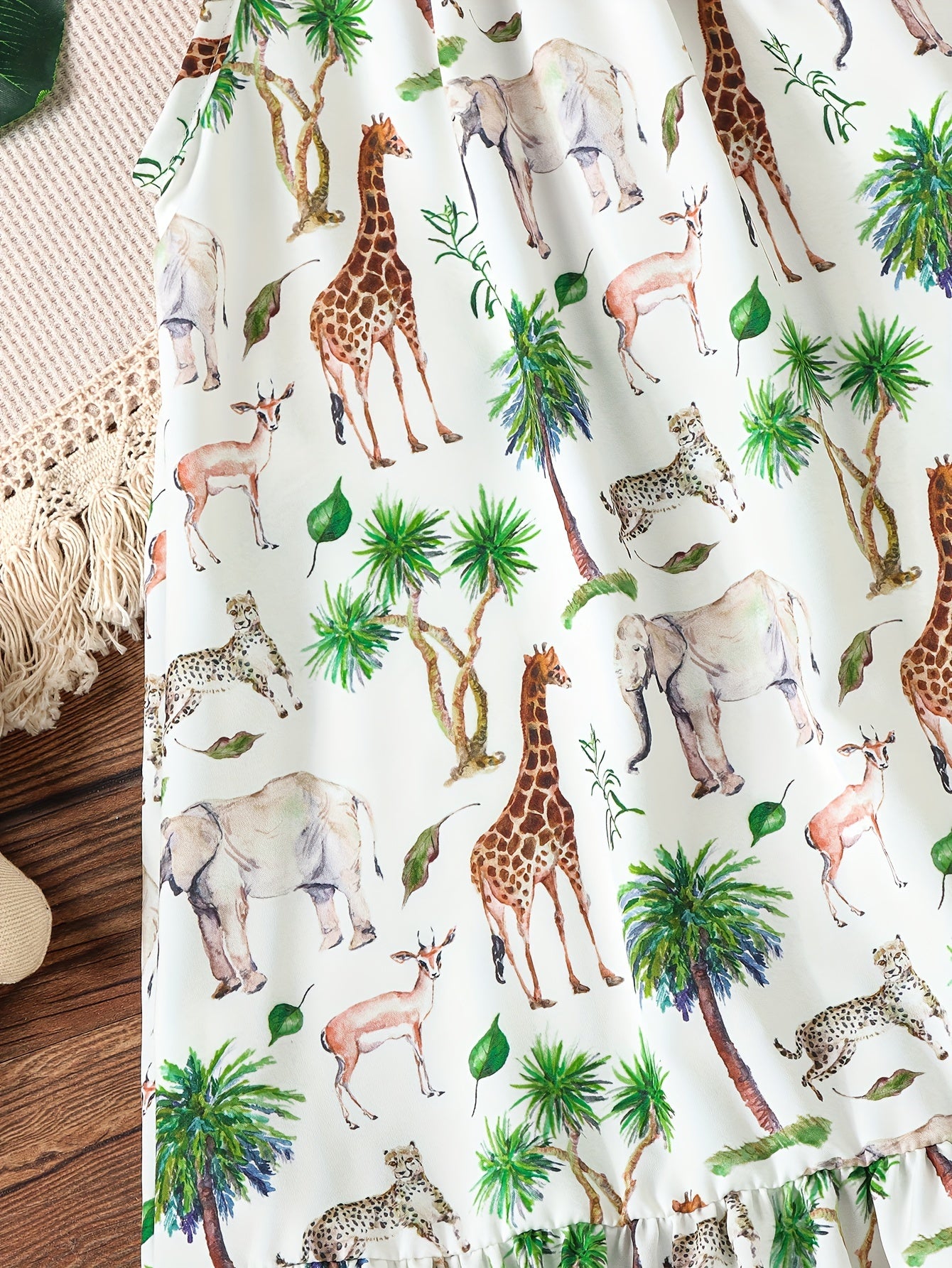 Girls' Summer Playful Cartoon Animal Cami Dress - Ruffle Hem Detail, Perfect for Holiday & Outdoor Adventures
