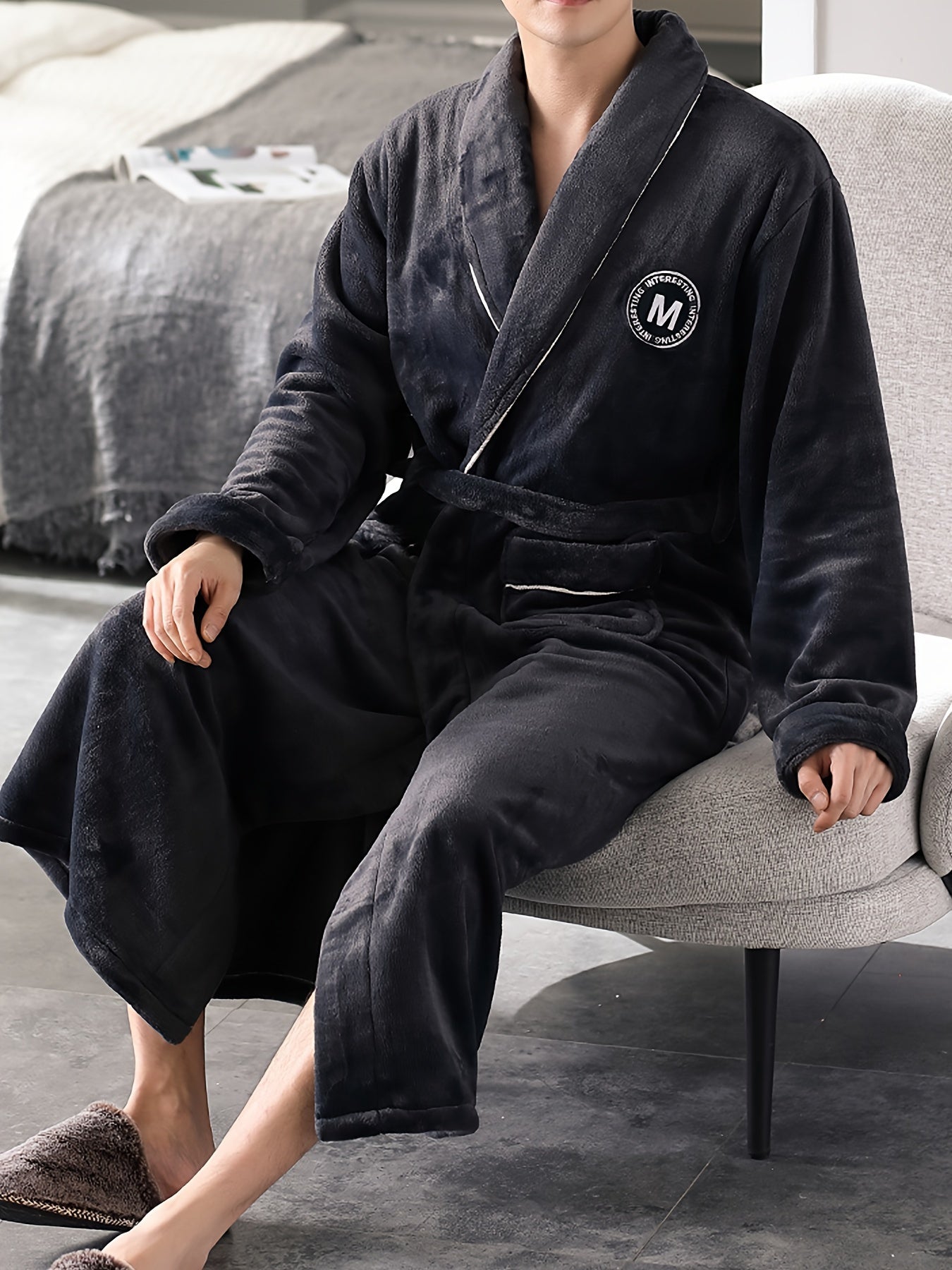 Men's Comfy Solid Fleece Warm Thickened Robe Home Lapel Pajamas Wear With Pockets, One-piece Lace Up Kimono Night-robe Warm Sets After Bath