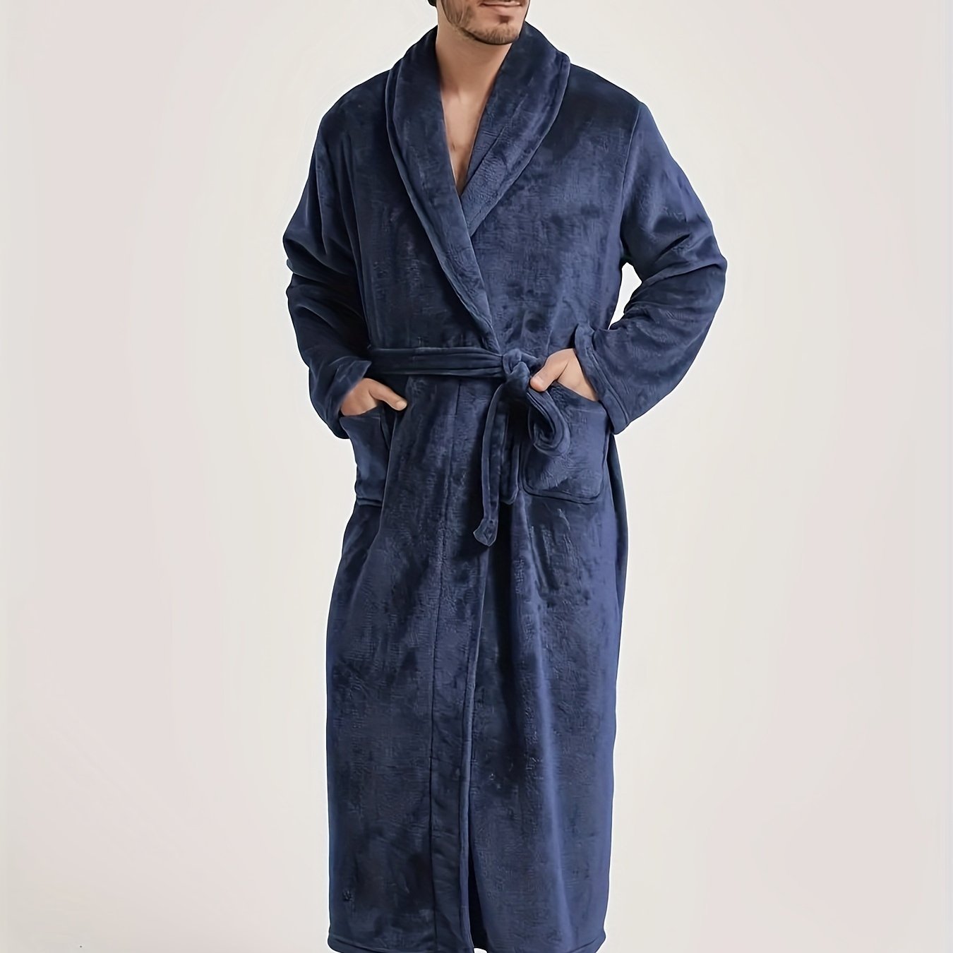 Super- Stylish Men's Flannel V-neck Loose Robe, Soft Fleece Elegant Long Sleeve Lounge Wear, For Autumn/Winter