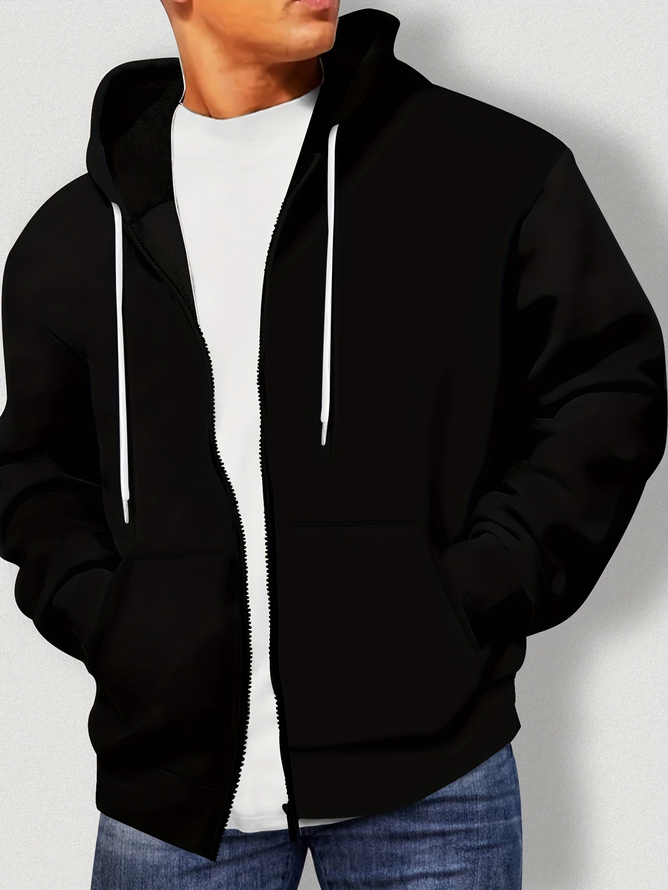 100% Polyester Plus Size Solid Color Zip-Up Hoodie for Men - Preppy Sports Style with Hood, Non-Stretch Drawstring Detail, Regular Fit for Spring/Fall Activities
