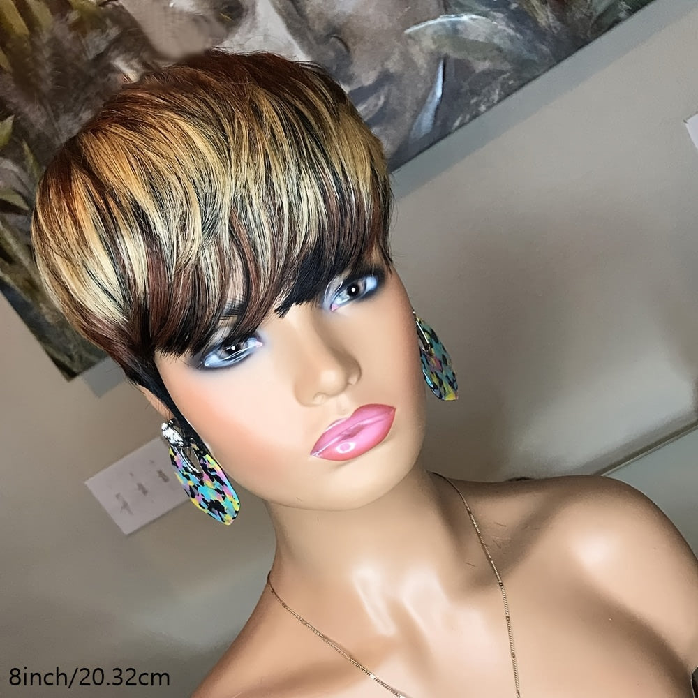 Pixie Cut Wig For Women Human Hair 1B/4/27 Short Wigs With Bangs Pixie HairCut Wig For Women Hair Replacement Wig None Lace Front Wig Layered Colored Full Machine Made Wig Glueless Short Wigs For Women 150%