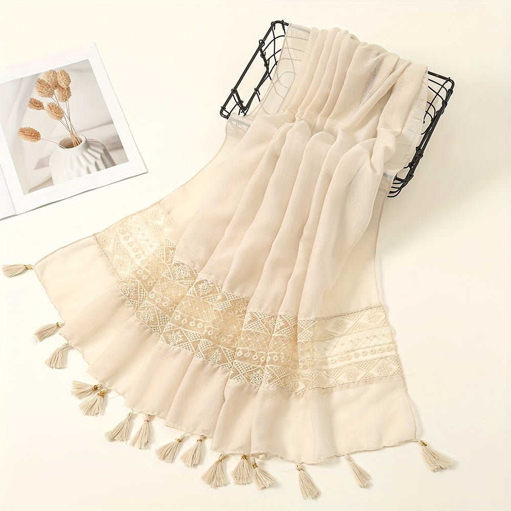Delicate Embroidered Lace Tassel Scarf - Fashionable & Elegant for Casual Wear - Versatile Cold Weather Accessory, Perfect for Eid Celebrations