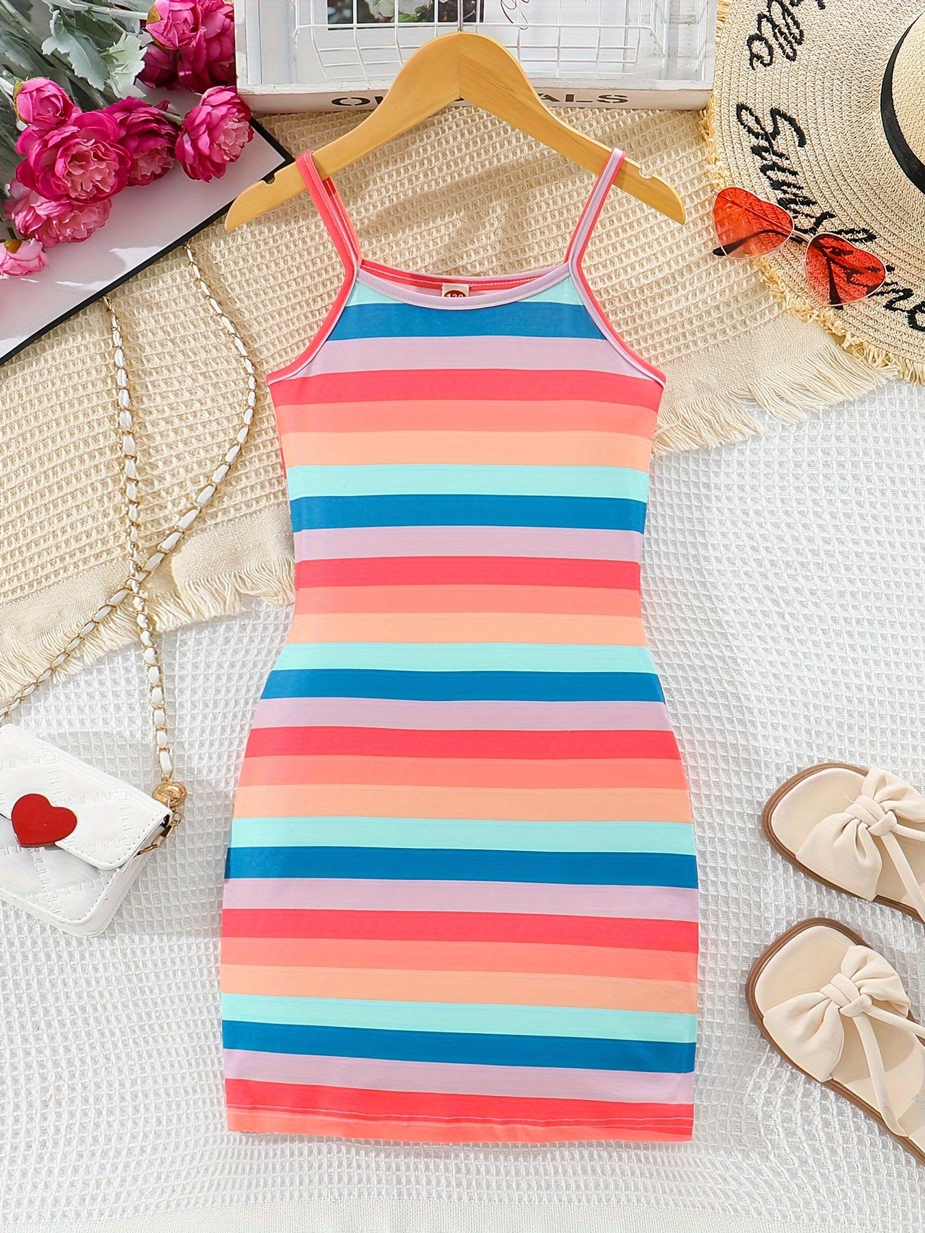 Colorful Stripe Dress - Bodycon Slim Fit Design, Adjustable Spaghetti Straps, Slip-on Style - Perfect for Little Girls and Tweens, Ideal Summer Gift for Birthday Parties, Outdoor Playdates, or Casual Occasions