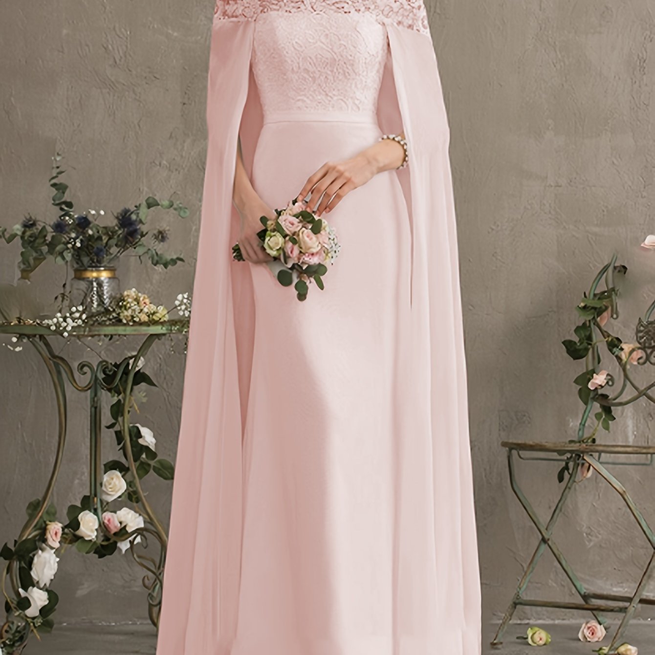 Long Length Off the Shoulder Bodycon Wedding Dress - Elegant Solid Contrast Lace Cape Design, Micro Elasticity Mesh Fabric, Pleated Hem, Chest Pad, Spring/Summer/Fall Season - Womens Elegant Occasion Dress for Wedding/Evening/Engagement/Ceremony