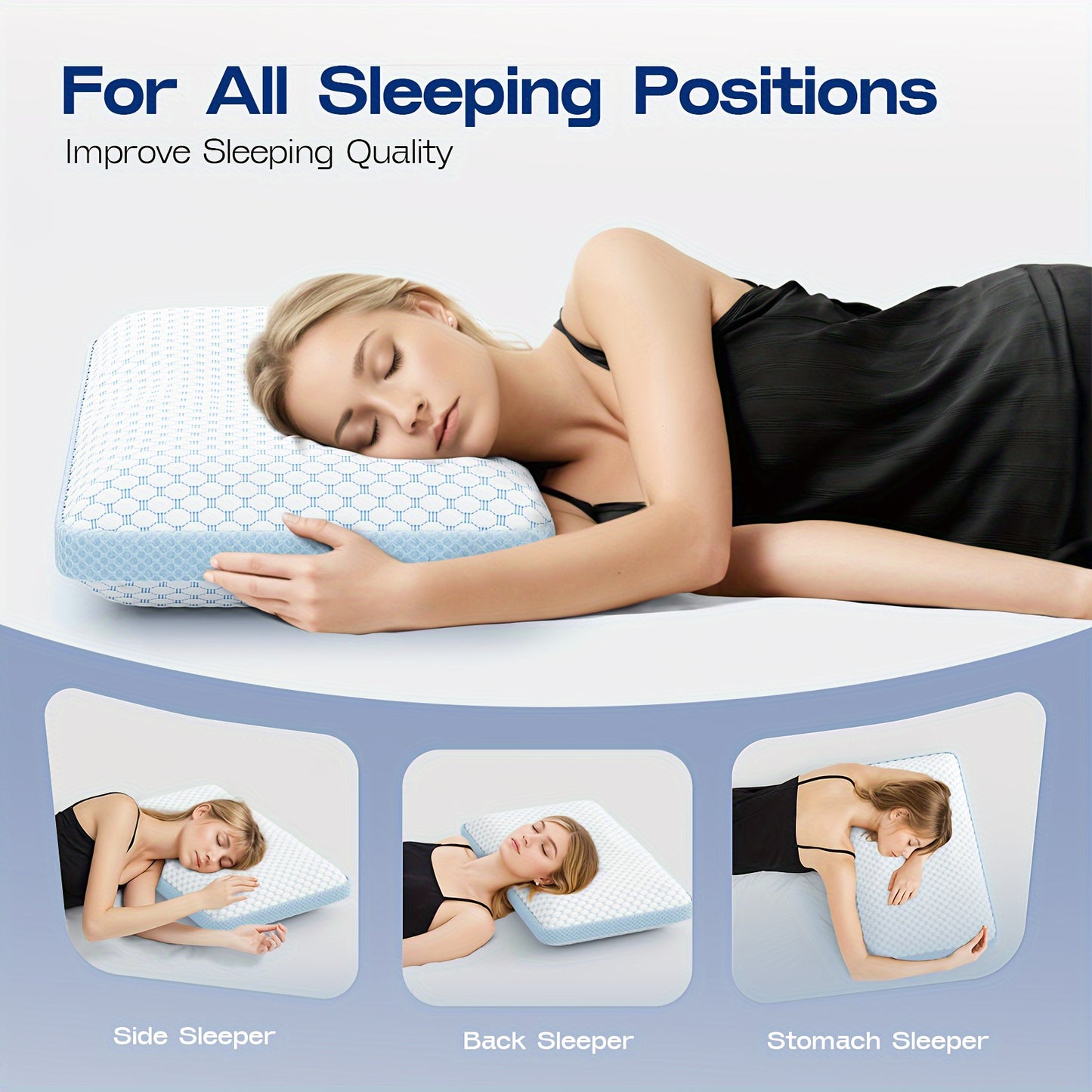1pc Plush Memory Foam Pillow - Ultimate Cooling Support for Side, Back, Stomach Sleepers with Breathable, Hypoallergenic Dual-Sided Washable Cover, Zipper Closure, and Classic Style for Multi-Position Sleepers (White & Blue)