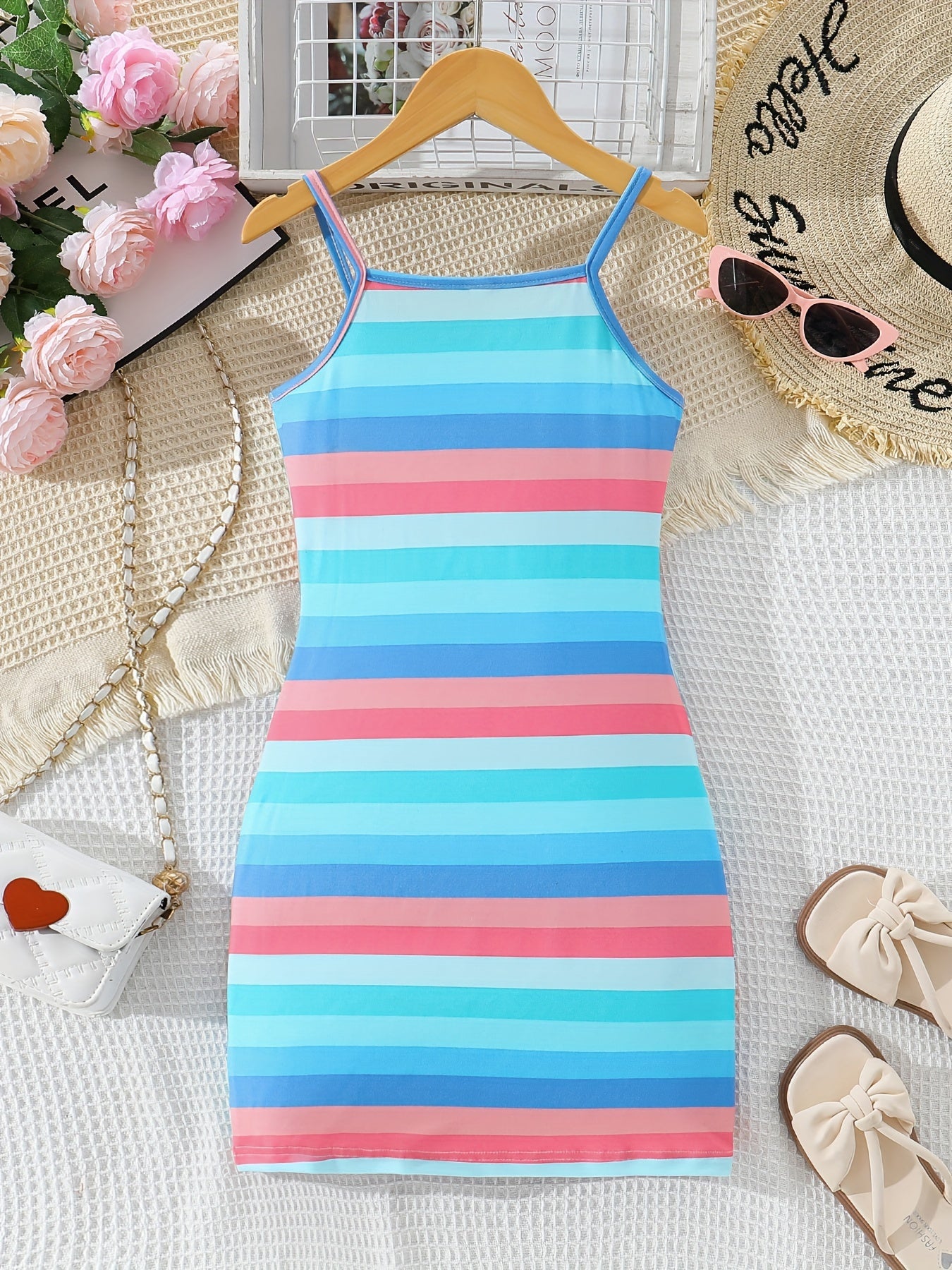 Colorful Stripe Dress - Bodycon Slim Fit Design, Adjustable Spaghetti Straps, Slip-on Style - Perfect for Little Girls and Tweens, Ideal Summer Gift for Birthday Parties, Outdoor Playdates, or Casual Occasions