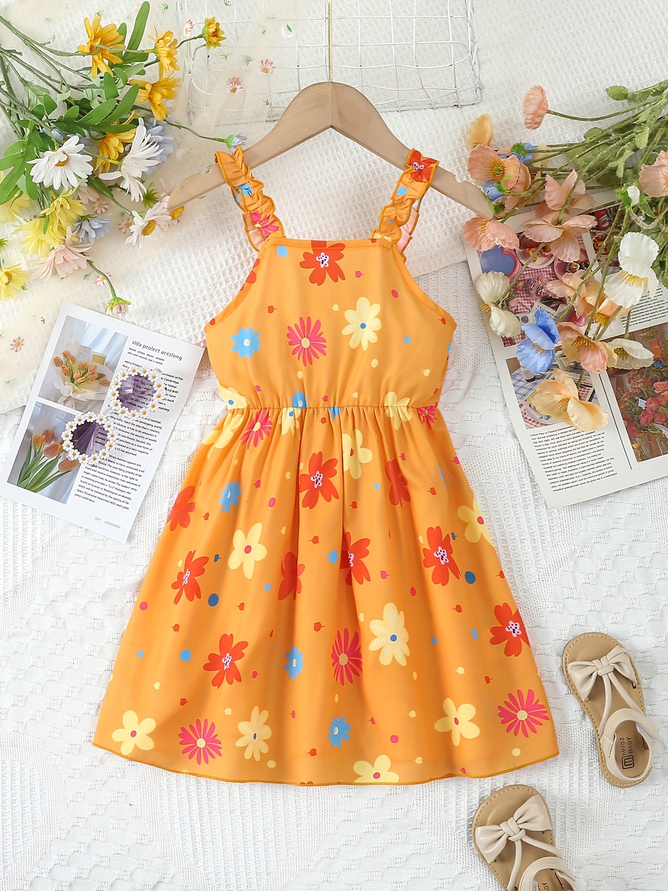 Chic Summer Floral Girls' Dress - Comfortable, Woven Fabric with Ruffle Detail & Playful Suspender Straps