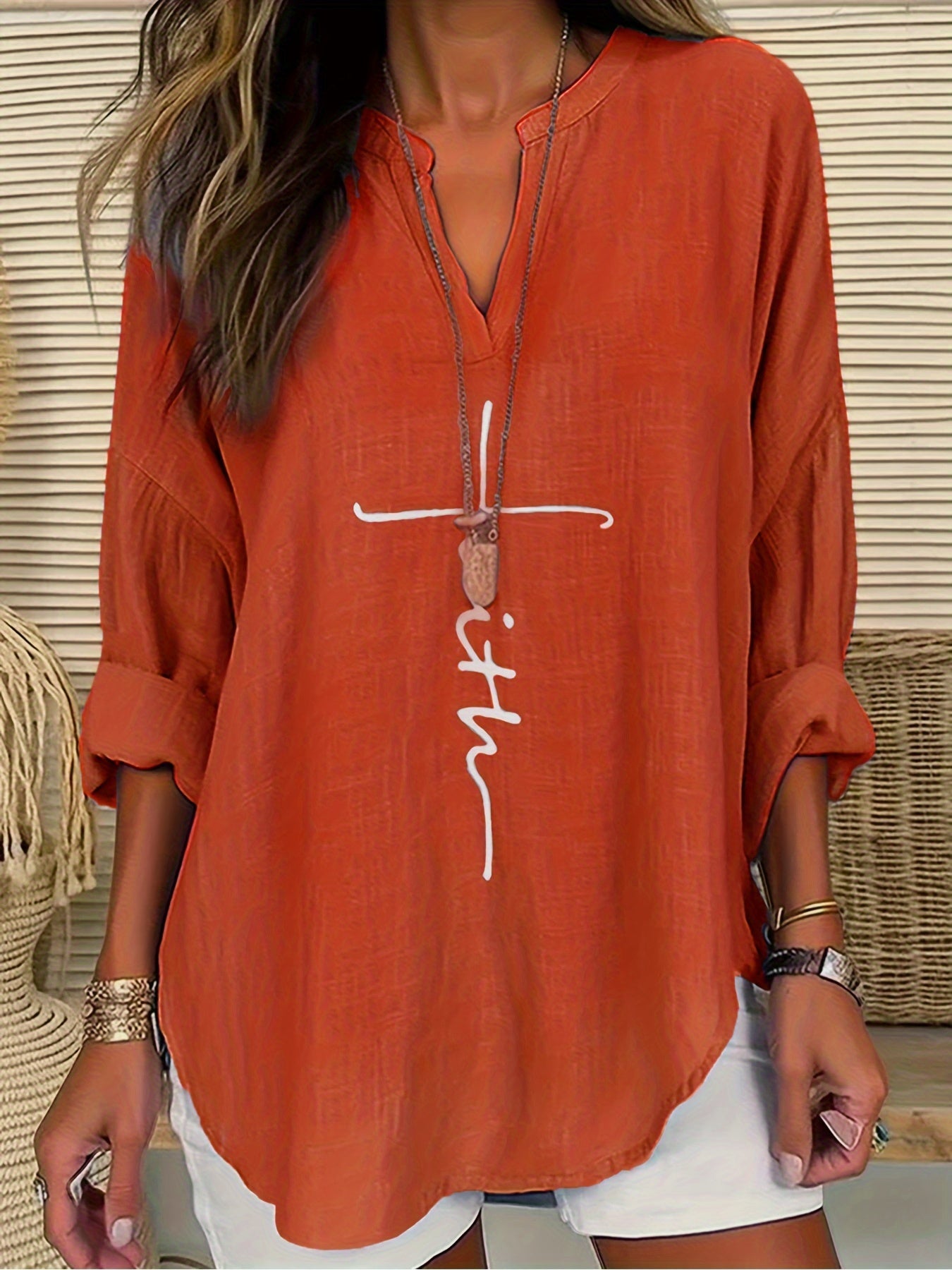 ZllKl Letter Print Notch Neck Blouse, Casual Long Sleeve Blouse For Spring & Fall, Women's Clothing
