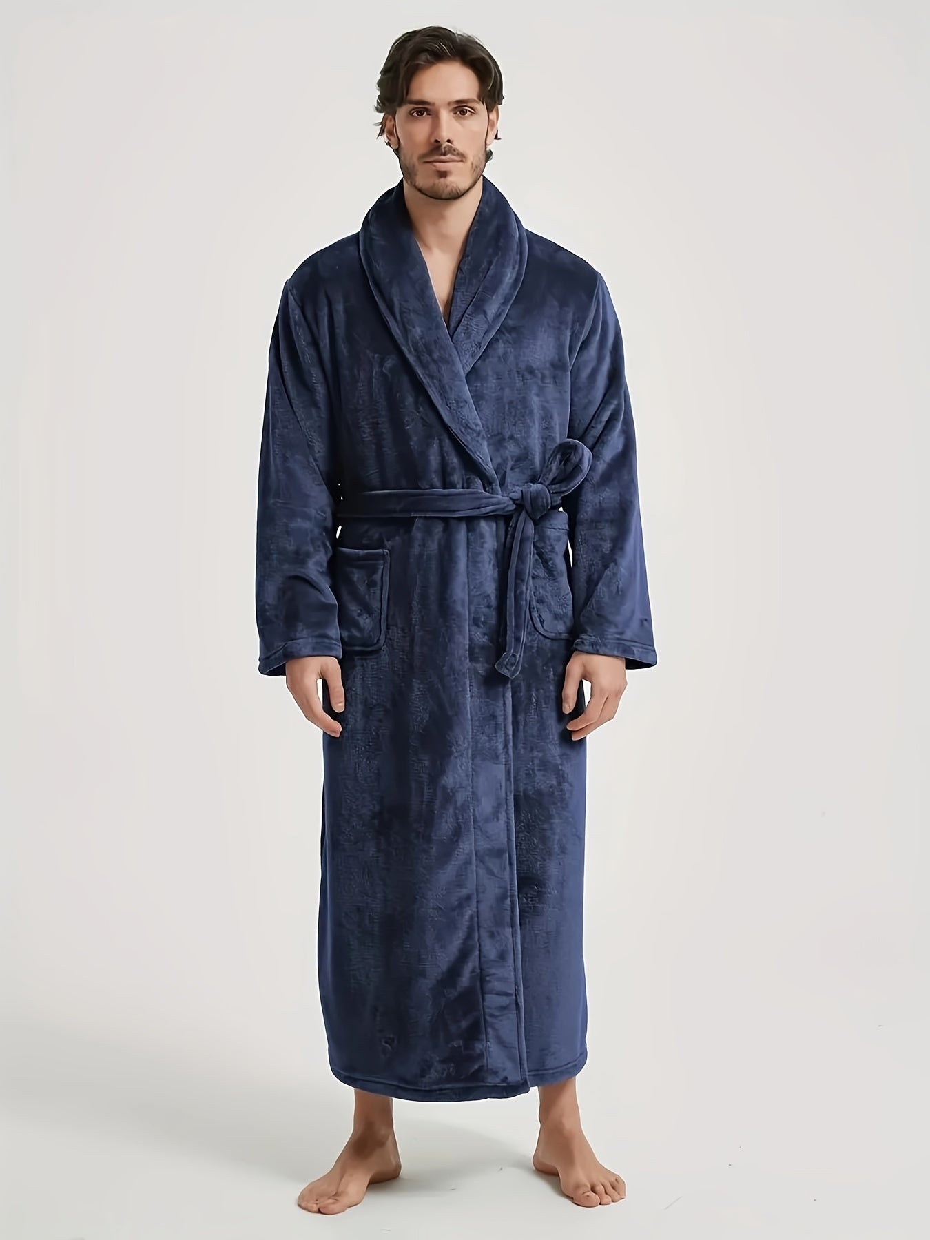Super- Stylish Men's Flannel V-neck Loose Robe, Soft Fleece Elegant Long Sleeve Lounge Wear, For Autumn/Winter