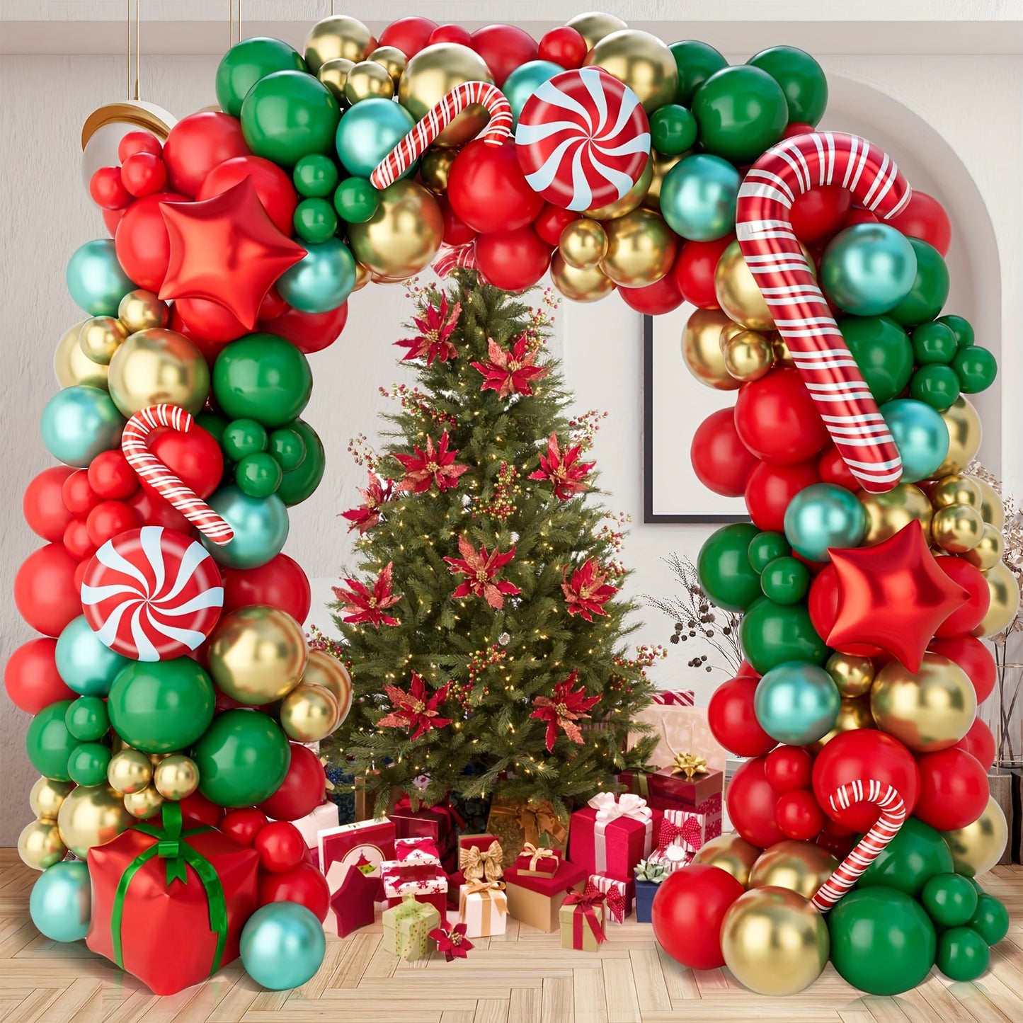 140pcs Golden Foil Latex & Aluminum Balloon Garland Arch Kit for Xmas Party Decorations with Candy Cane & Gift Box Balloons, Red, Green, Includes Balloon Tying Tools