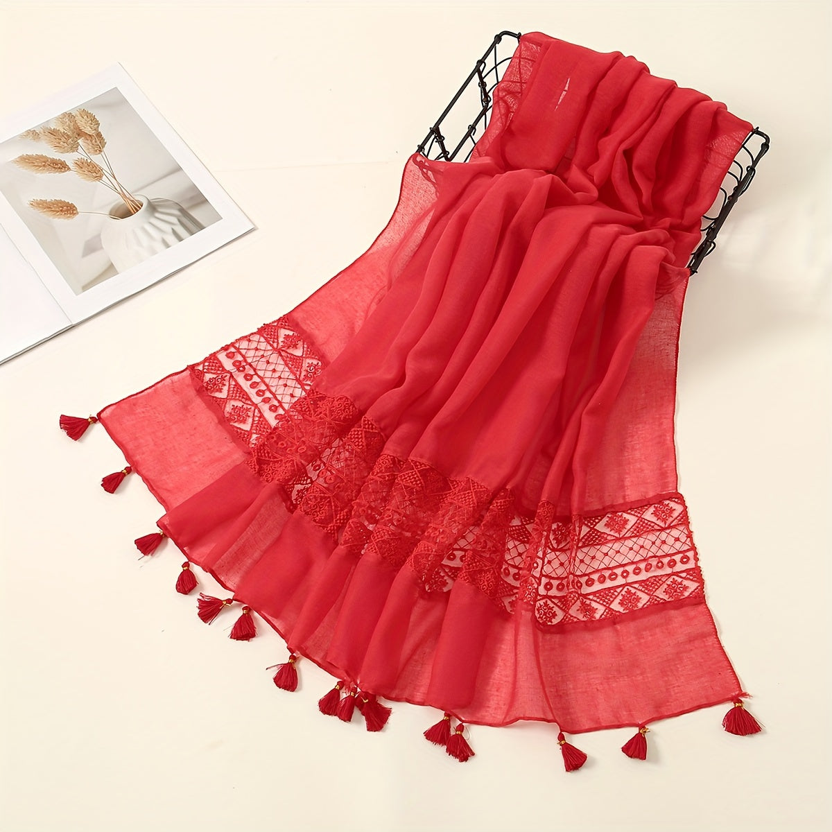 Delicate Embroidered Lace Tassel Scarf - Fashionable & Elegant for Casual Wear - Versatile Cold Weather Accessory, Perfect for Eid Celebrations