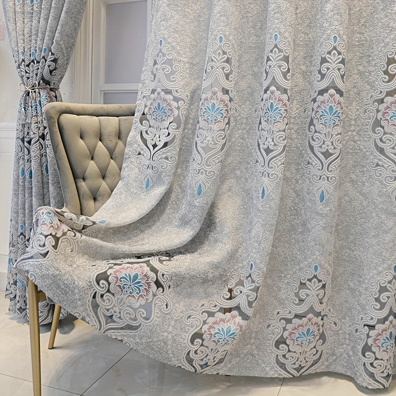 1pc Exquisite Grey and Blue Jacquard Embroidered Window Sheer Curtain - Adds Elegance to Living Room, Bedroom, Balcony with Soft Filtered Light, Privacy Protection, and Easy Installation - Perfect Home Decor for Windows