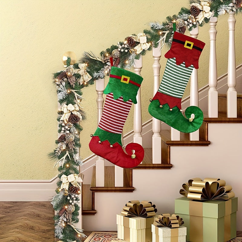 2-Piece Festive Elf-Inspired Christmas Stockings - Vibrant Contemporary Style Polyester Hanging Socks with Sparkling Accents for Festive Home Decor, Holiday Themes, and Universal Christmas Decorations Without Feathers
