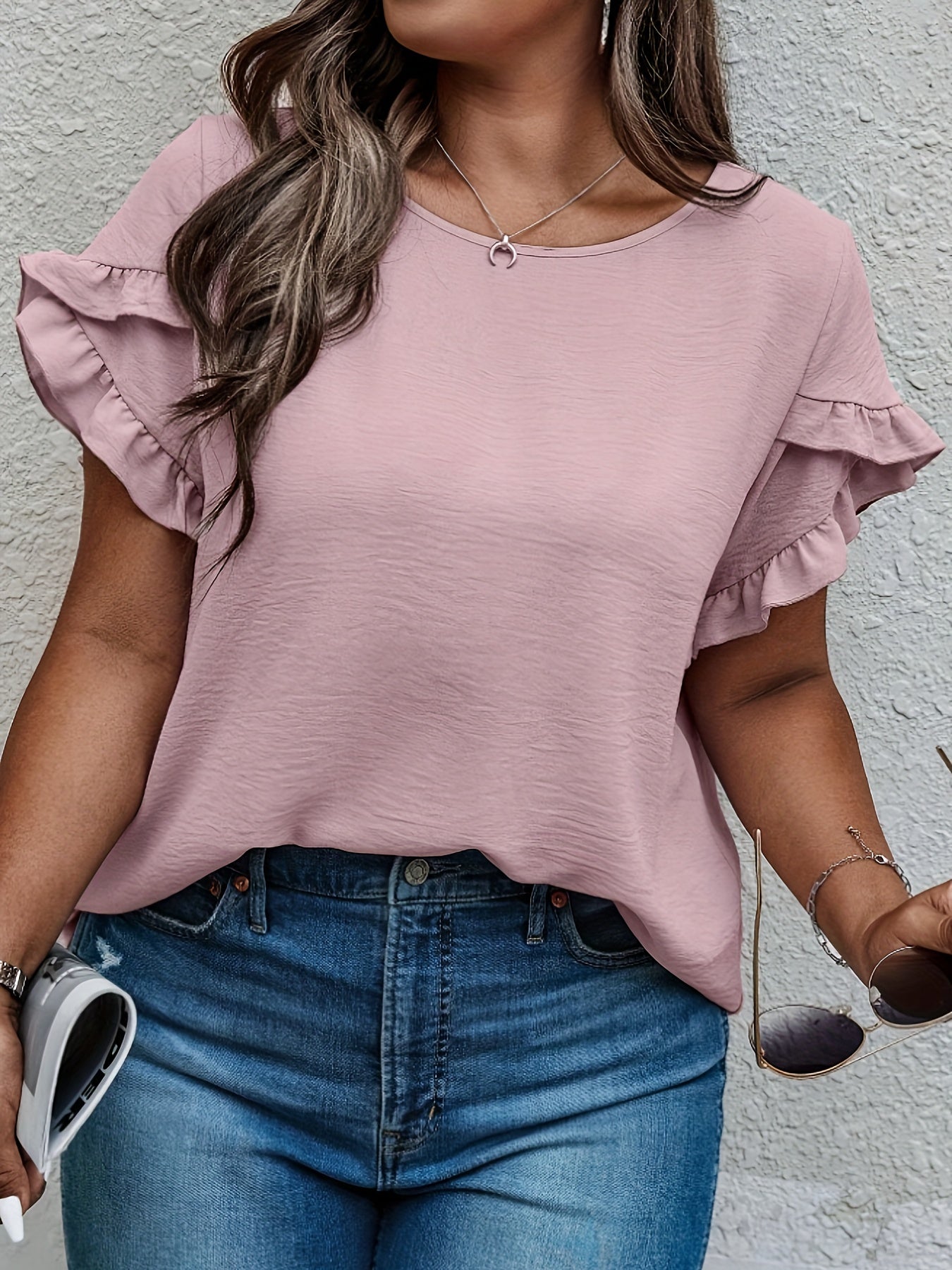 ZllKl Plus Size Solid Lettuce Trim Blouse, Casual Petal Sleeve Blouse For Spring & Summer, Women's Plus Size Clothing