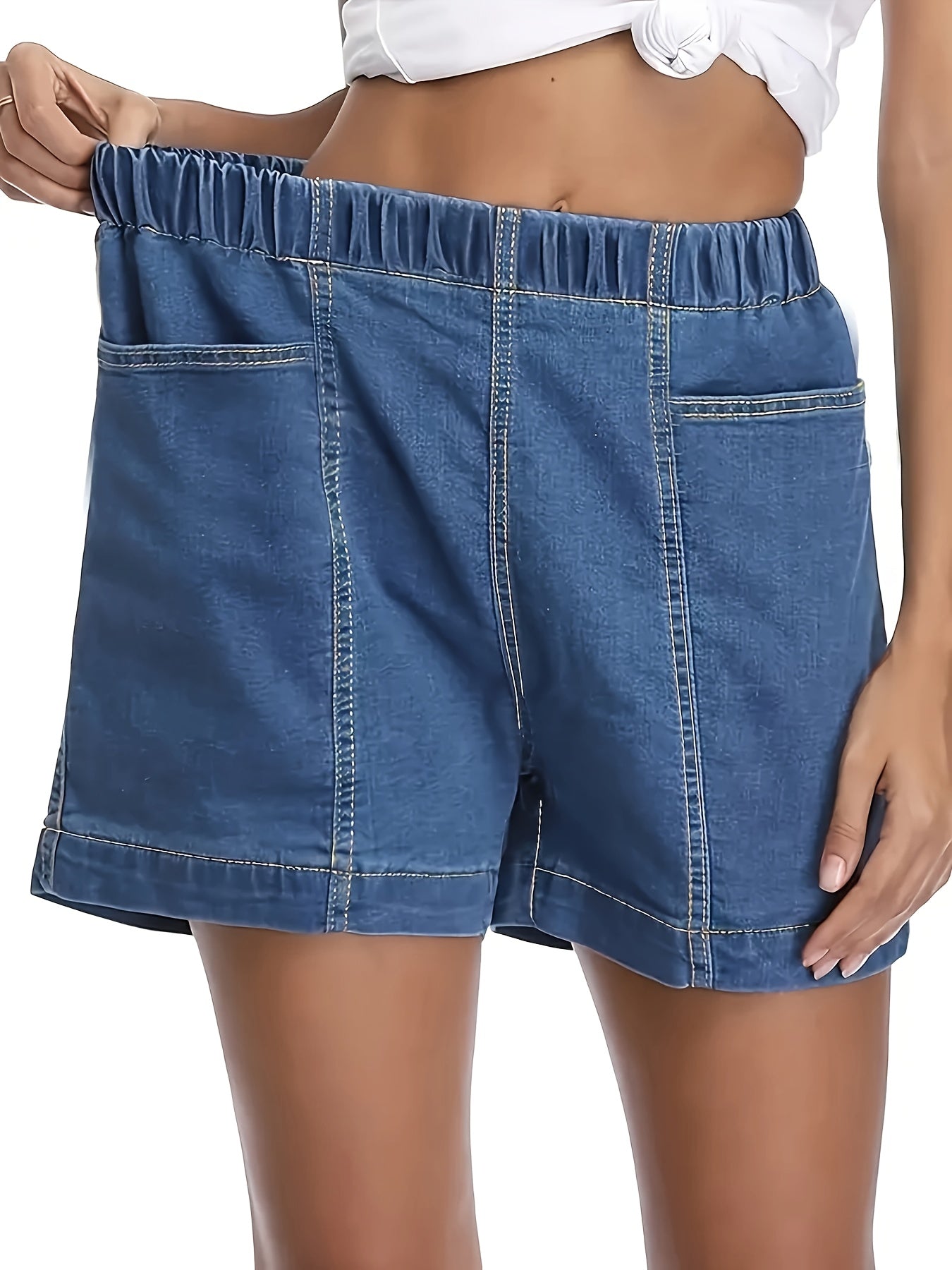 ZllKl Women's Stylish Denim Shorts, Casual Sporty Style, Elastic Waist, Comfort Fit, With Pockets, Versatile Summer Wear