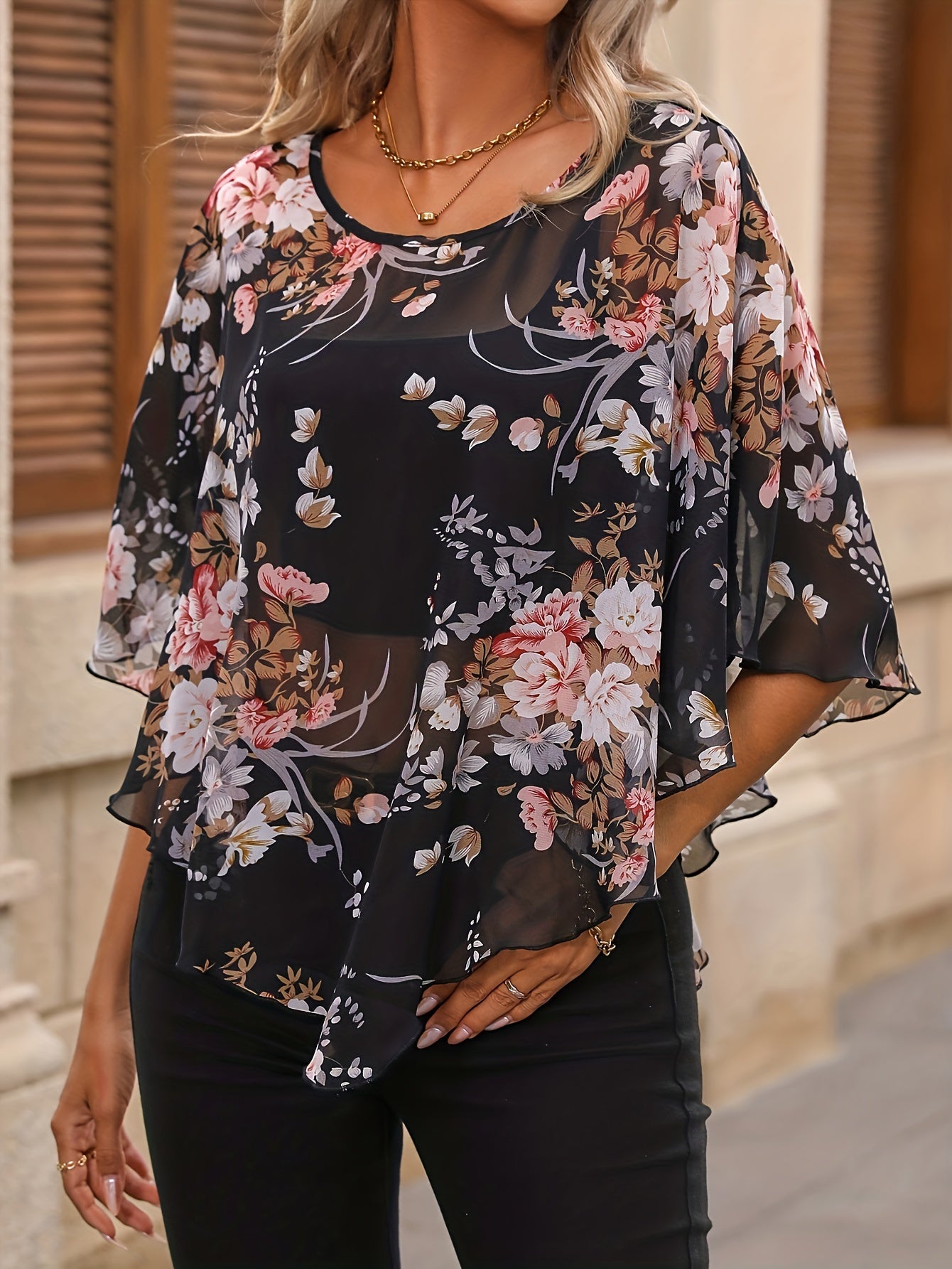 ZllKl Floral Print Asymmetrical Blouse, Elegant Crew Neck Summer Blouse, Women's Clothing