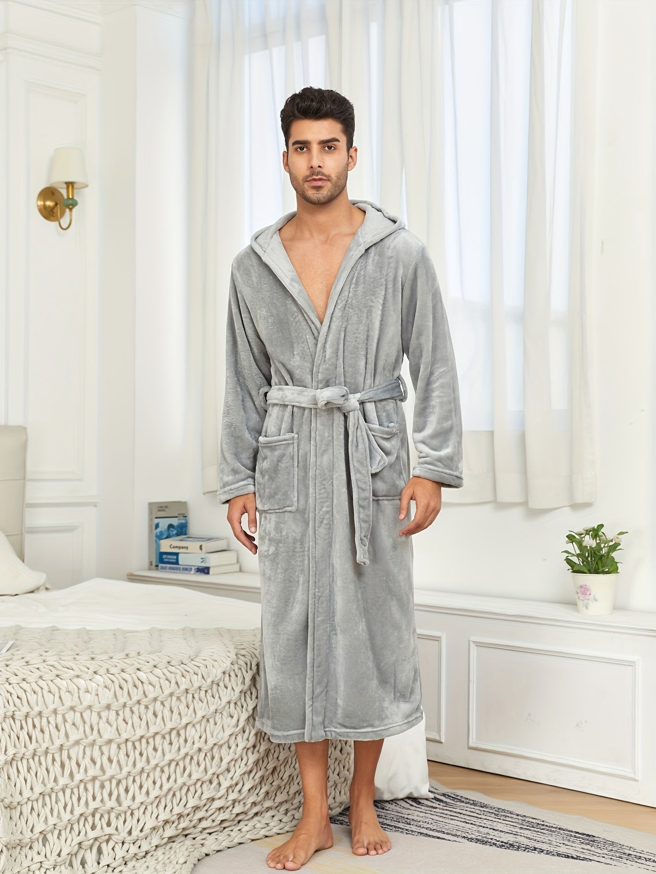 Mens Premium Flannel Bathrobe - Super Cozy Winter Wear, Hooded, Solid Color, Soft Fleece Lining, Double Pockets for Lounging Comfort