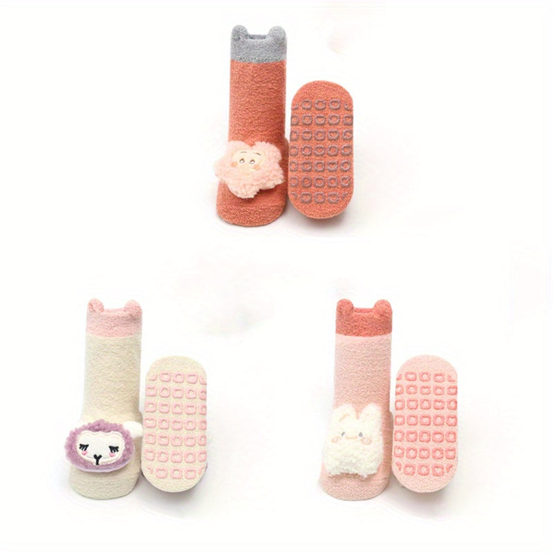 3 Pairs Of Baby Girl's Non Slip Floor Socks With Cute Decoration, Comfy Breathable Thermal Socks, Winter & Autumn