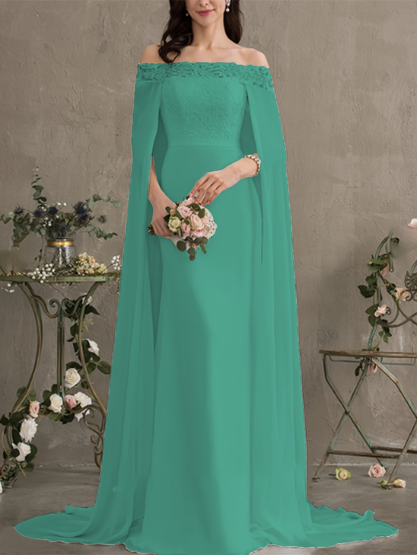 Long Length Off the Shoulder Bodycon Wedding Dress - Elegant Solid Contrast Lace Cape Design, Micro Elasticity Mesh Fabric, Pleated Hem, Chest Pad, Spring/Summer/Fall Season - Womens Elegant Occasion Dress for Wedding/Evening/Engagement/Ceremony
