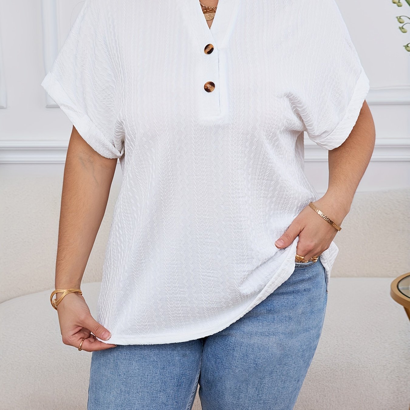ZllKl Plus Size Simple Solid Blouse, Casual V Neck Short Sleeve Blouse For Spring & Summer, Women's Plus Size Clothing