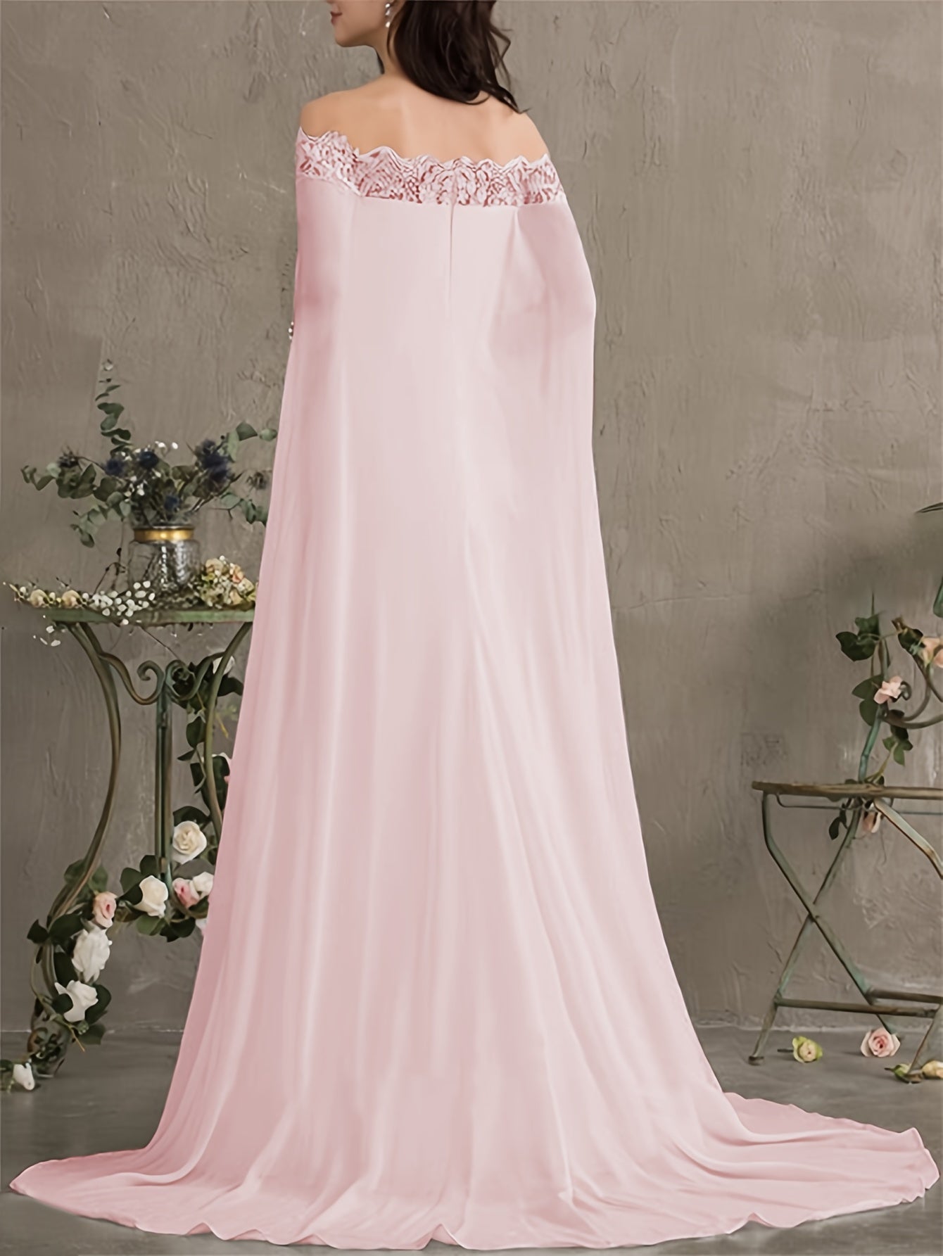 Long Length Off the Shoulder Bodycon Wedding Dress - Elegant Solid Contrast Lace Cape Design, Micro Elasticity Mesh Fabric, Pleated Hem, Chest Pad, Spring/Summer/Fall Season - Womens Elegant Occasion Dress for Wedding/Evening/Engagement/Ceremony