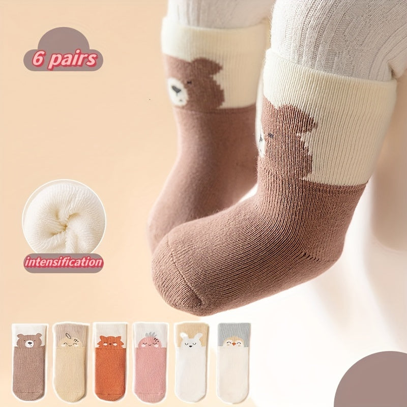 6 Pairs Of Baby's Toddler's Thickened Crew Socks, Cute Cartoon Pattern, Soft Comfy Warm Thermal Socks For Autumn And Winter