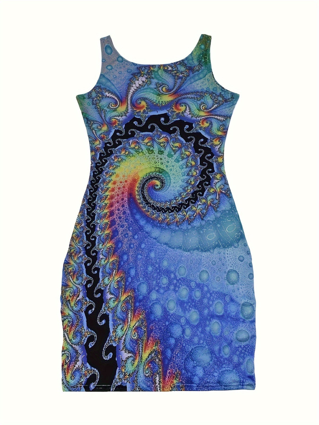 Flattering Abstract Print Sleeveless Tank Dress - Fashion-Forward Casual Style - Figure-Hugging Bodycon Fit - Perfect for Spring & Summer - Comfortable Crew Neckline - Womens Wardrobe Essential