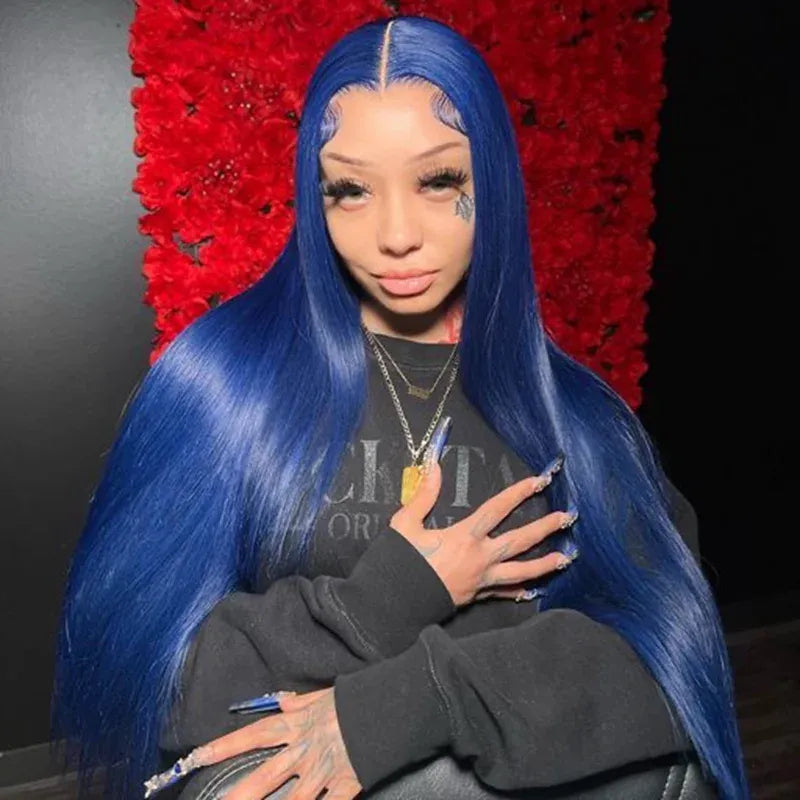 Midnight Blue Straight Lace Frontal Human Hair Wigs Brazilian 13X6 Lace Front Wig Dark Blue 250% Density Full Lace Wig for Women