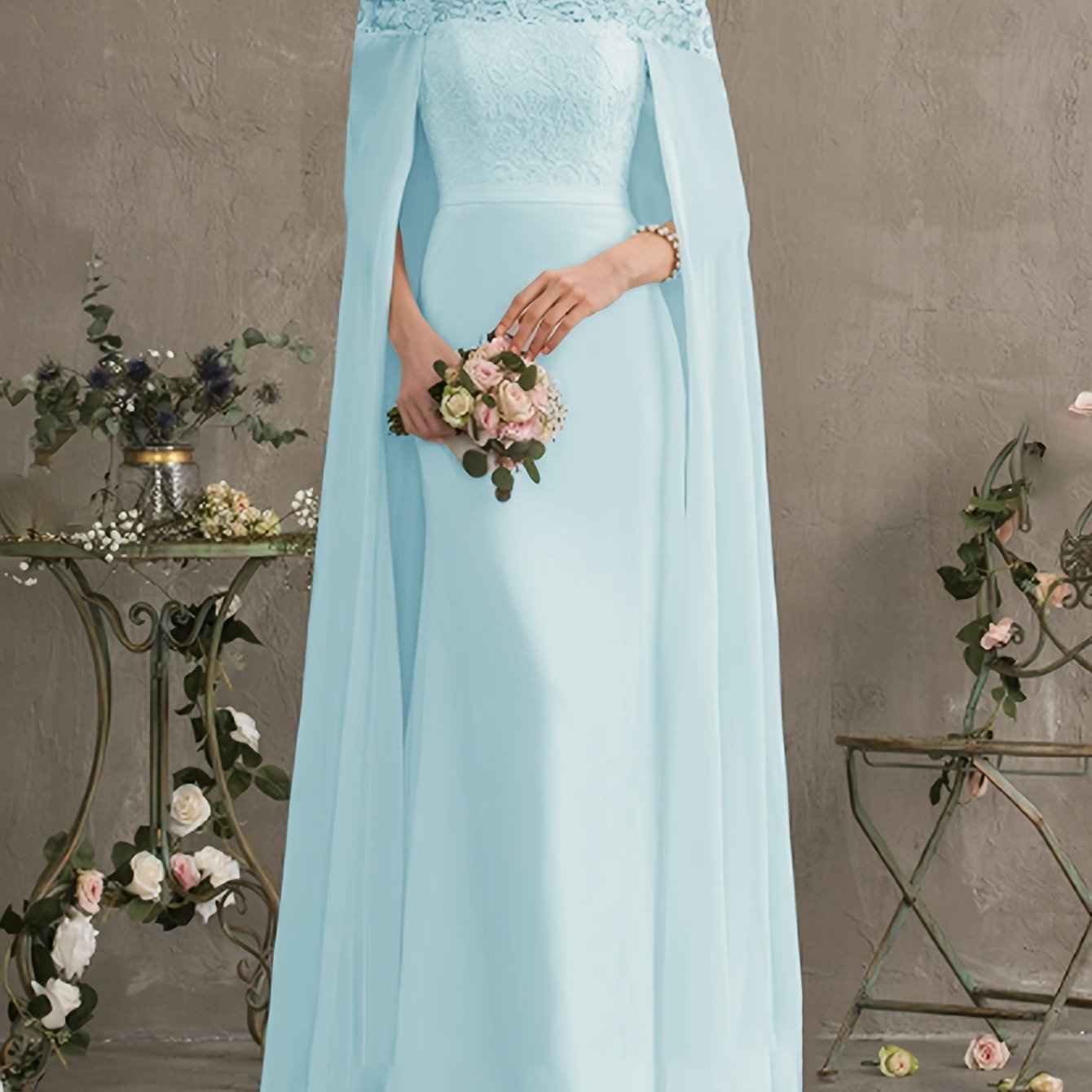 Long Length Off the Shoulder Bodycon Wedding Dress - Elegant Solid Contrast Lace Cape Design, Micro Elasticity Mesh Fabric, Pleated Hem, Chest Pad, Spring/Summer/Fall Season - Womens Elegant Occasion Dress for Wedding/Evening/Engagement/Ceremony