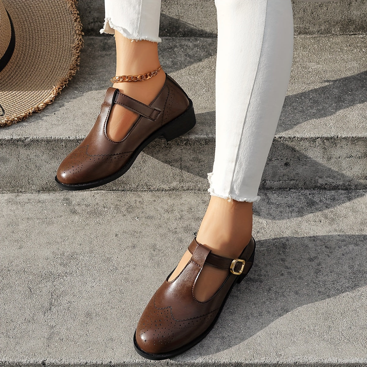 Vintage-Inspired Womens Brogue Oxfords Shoes - Solid Color, Round Toe, Buckle Strap, Chunky Low Heel, Casual, All-Season, Comfortable Walking Shoes