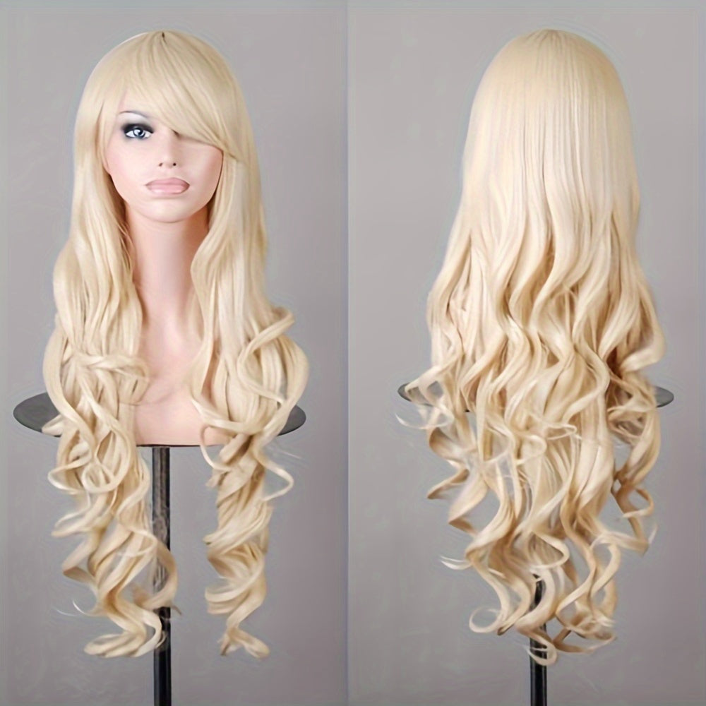Vibrant Curly Wave Wig with Bangs - Synthetic Hair, Buckle Net Cap, Elegant Style for Women - Perfect for Halloween Party, Music Festival, and Costume Occasions