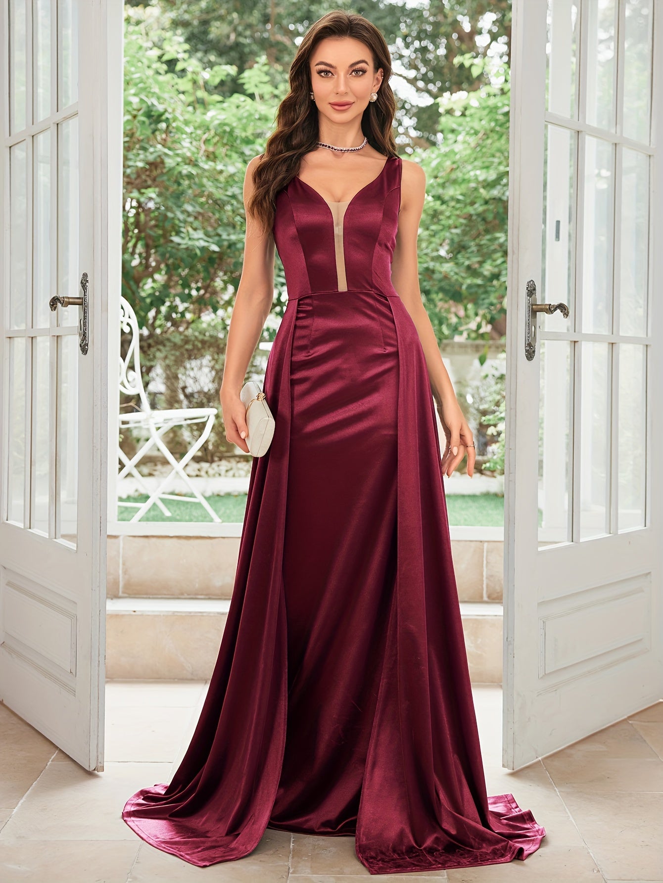 Extra-Long Sleeveless Fit and Flare Satin Dress - Elegant Deep V Neck, Split Details, Micro Elasticity, Flared Hem - Perfect for Wedding, Evening, Occasion, Engagement, Ceremony