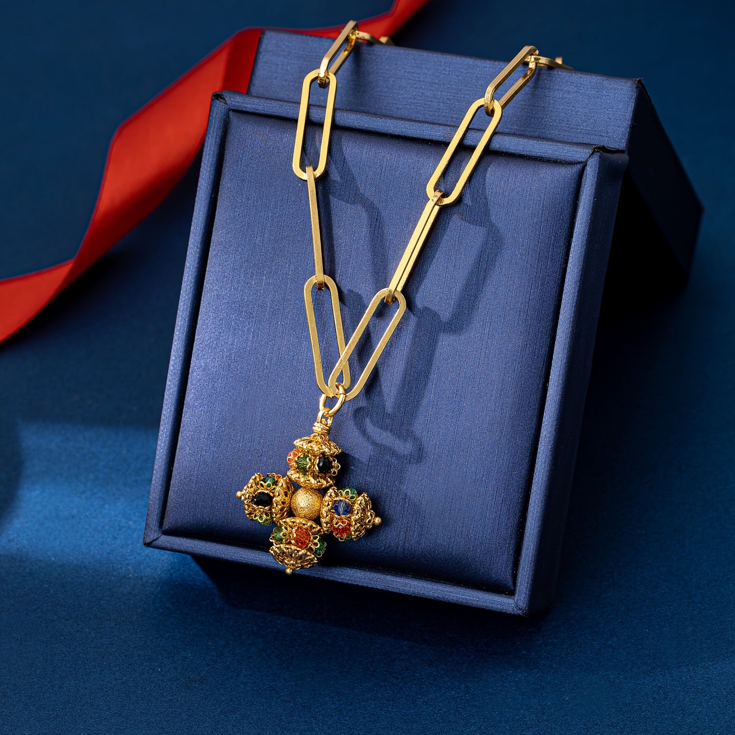 Colorful Cross Design Pendant Necklace Copper Alloy Clavicle Necklace For Women