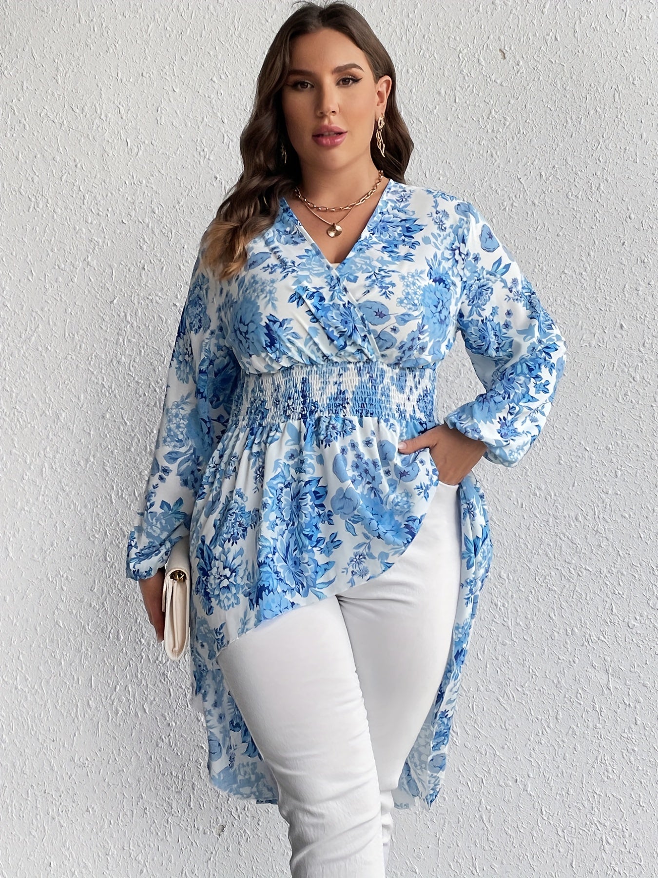 Plus Size Floral Lantern Sleeve Blouse – Chic Surplice Neck & Shirred Waist – Flattering High Low Hem Top for Elegant Occasions