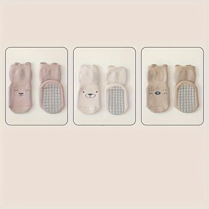 3 Pairs Of Baby Boy's Cute Animals Pattern Crew Socks With Good Grip, Comfy Breathable Thermal Socks, Winter & Autumn