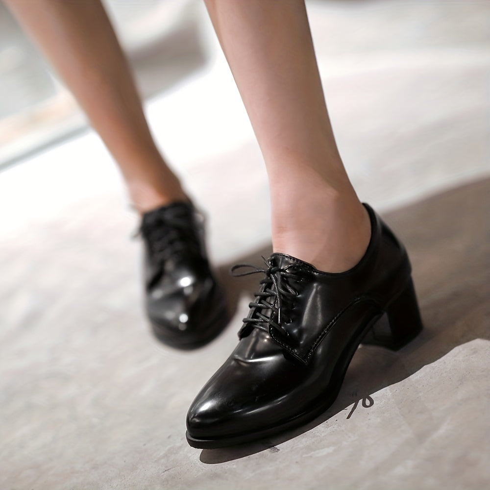 Stylish Womens Chunky Mid Heel Shoes - Pointed Toe, Lace Up, Faux Leather, Solid Color, Versatile Office Pumps for Fall Season