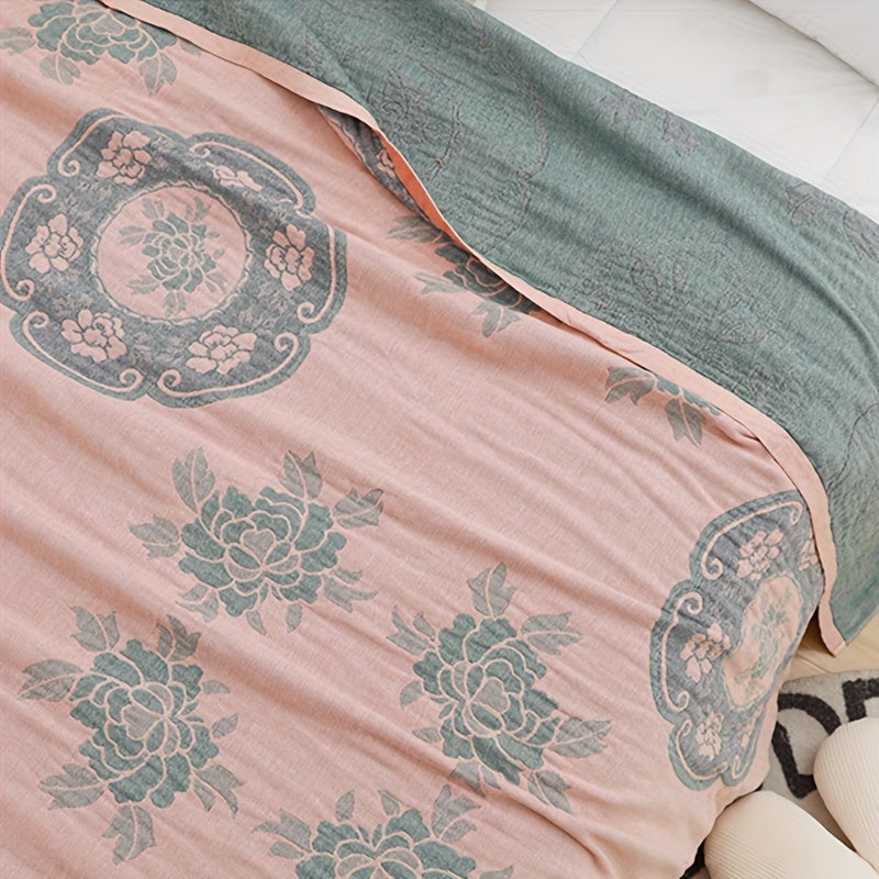 1pc Soft & Comfortable Peony Pattern Cotton Jacquard Blanket - Five-Layer Cotton Yarn Construction, Suitable for All Seasons, Perfect for Adult Sofa Nap Blanket, Four Seasons Blanket - 100% Cotton, Gentle on Skin, Breathable, and Absorbent