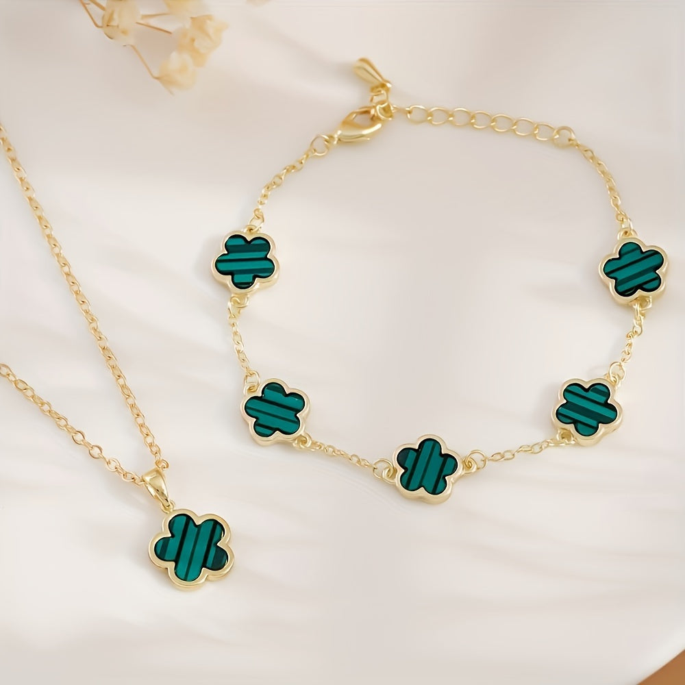 2-Piece Copper Jewelry Set - Gorgeous Five Petal Flower Necklace and Bracelet Combo - Perfect for Dates, Holidays, and Graduation Season Celebrations
