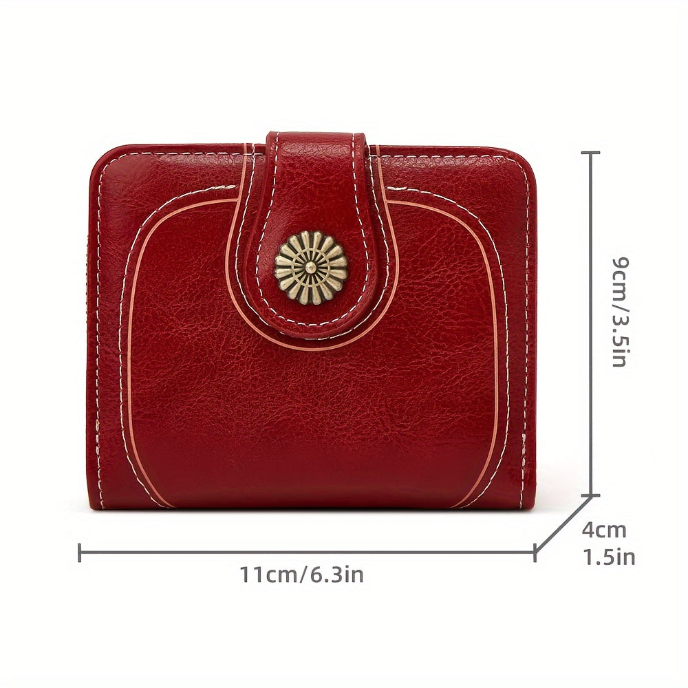 Vintage Solid Color Short Wallet, Zipper Around Coin Purse, Classic Women's Credit Card Holder