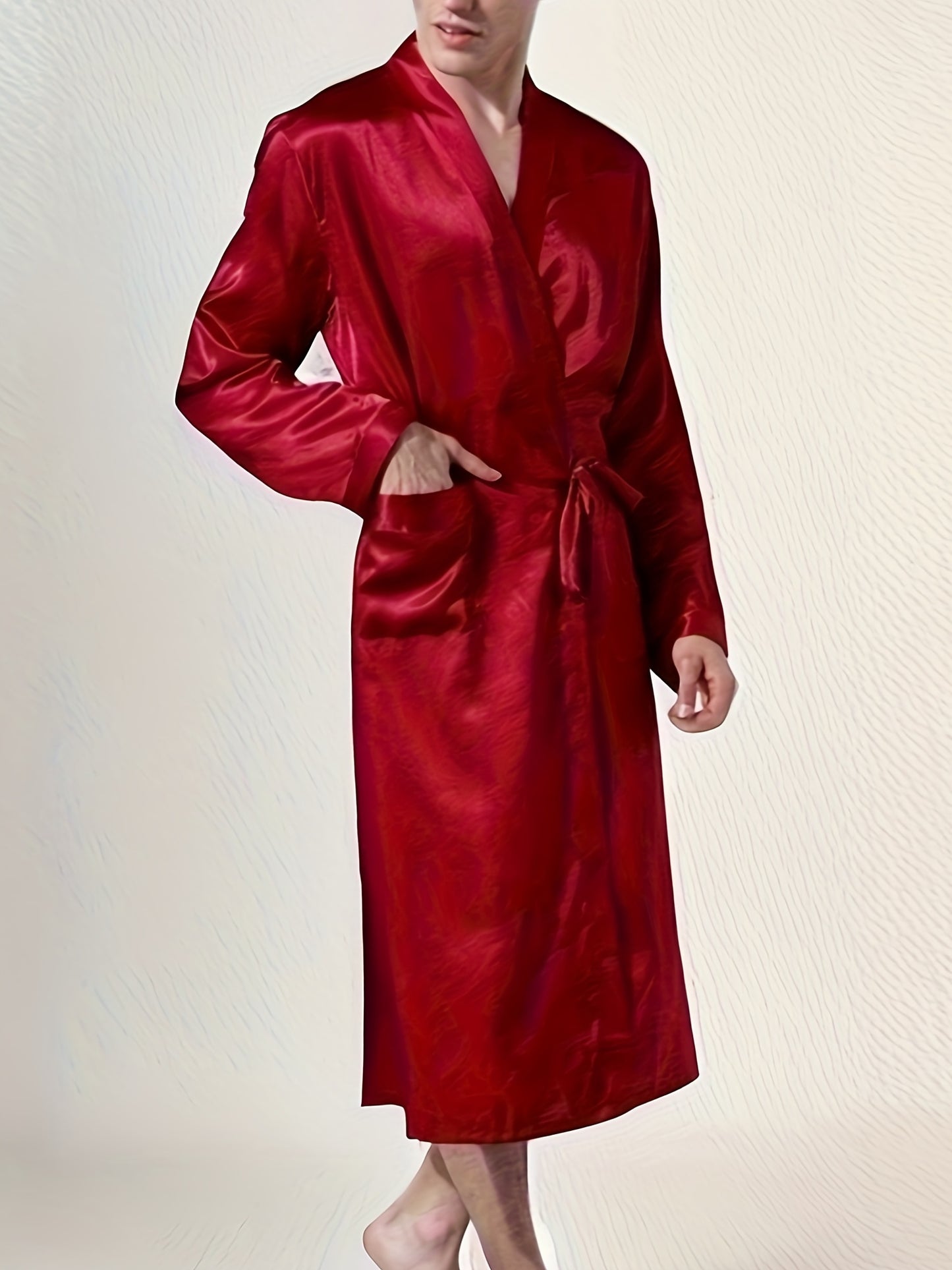 Men's Comfy Solid Glossy Robe For Home Pajamas Wear One-piece Lace Up Kimono Night-robe Sets After Bath