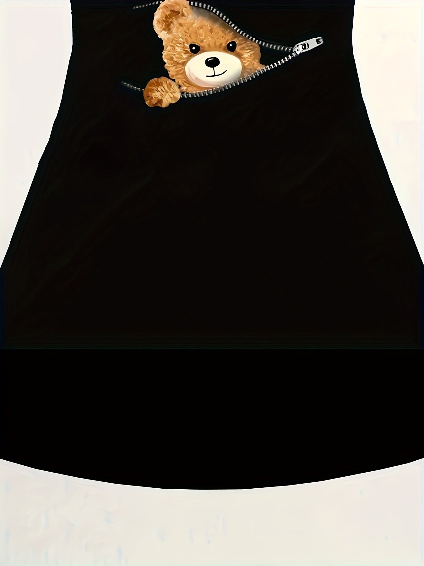 3D Zipper Bear Graphic Midi Dress for Girls - Sleeveless, Crew Neck, Fit and Flare, Slight Stretch, Machine Washable, Cartoon Pattern, Ideal for Casual Outings, Party, Holiday - Polyester, Knee High, Summer Dress