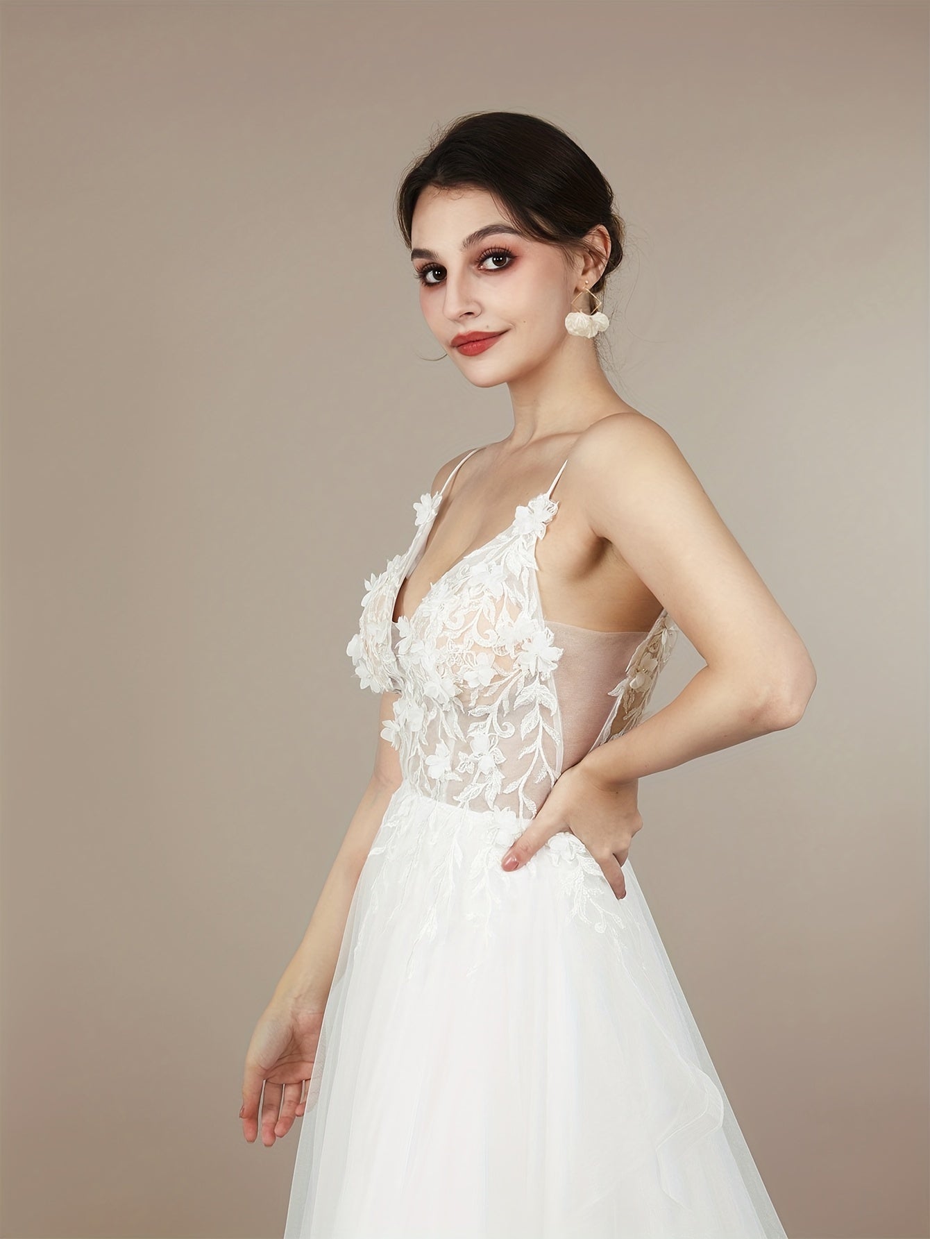 Long Elegant Embroidered Applique Cami Dress - Deep V Neck, Semi-Sheer, Micro Elasticity, Woven Polyester, Hand Wash Only - Perfect for Wedding, Occasion, Engagement, Ceremony, and Evening Events