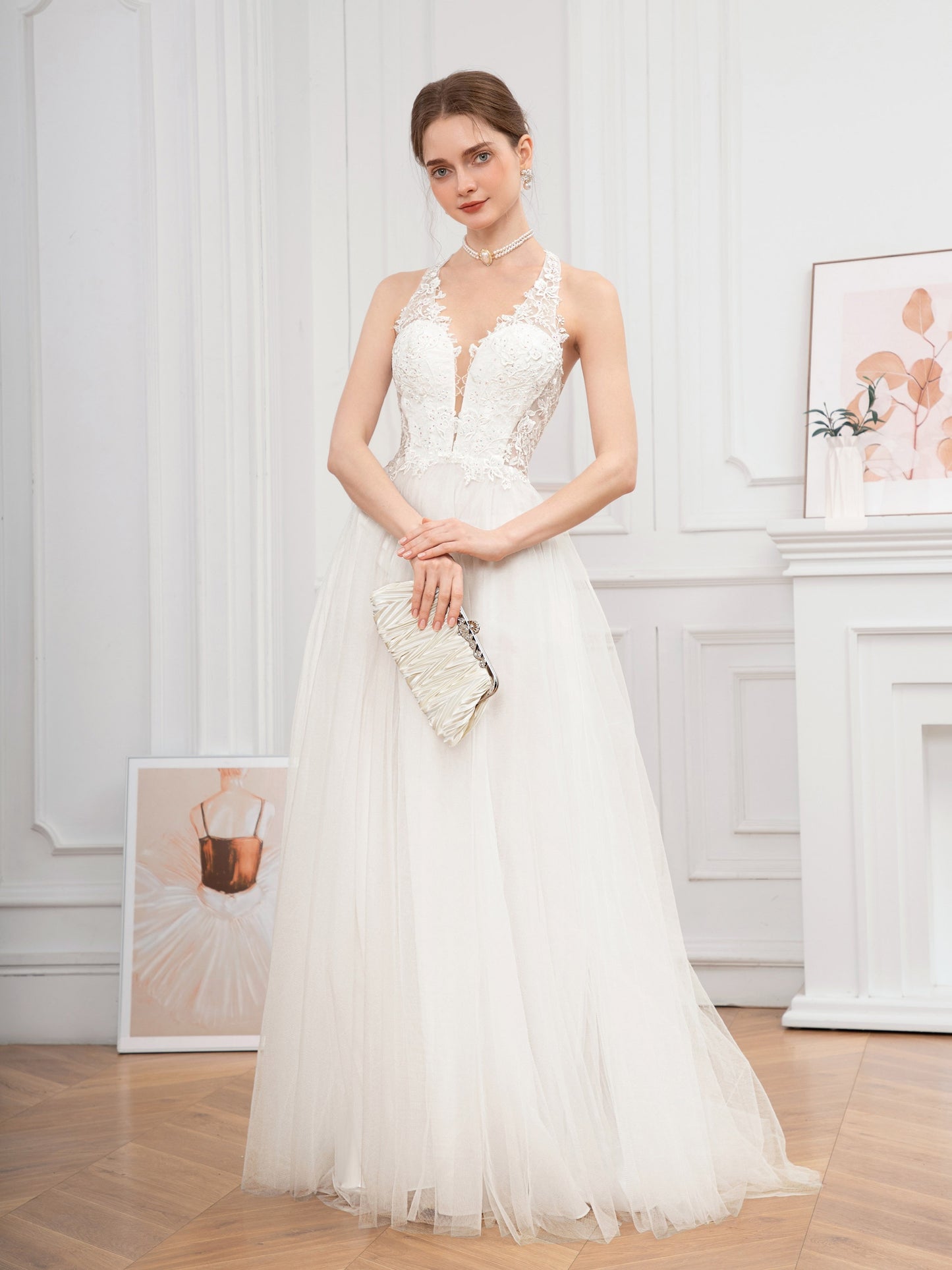 Long Embroidered Guipure Lace Halter Neck Formal Dress - Elegant Backless Ball Gown with Cross Strape Detail, Semi-Sheer Mesh Fabric, Flared Hem, and Chest Pad - Perfect for Wedding Party, Hand Wash Only