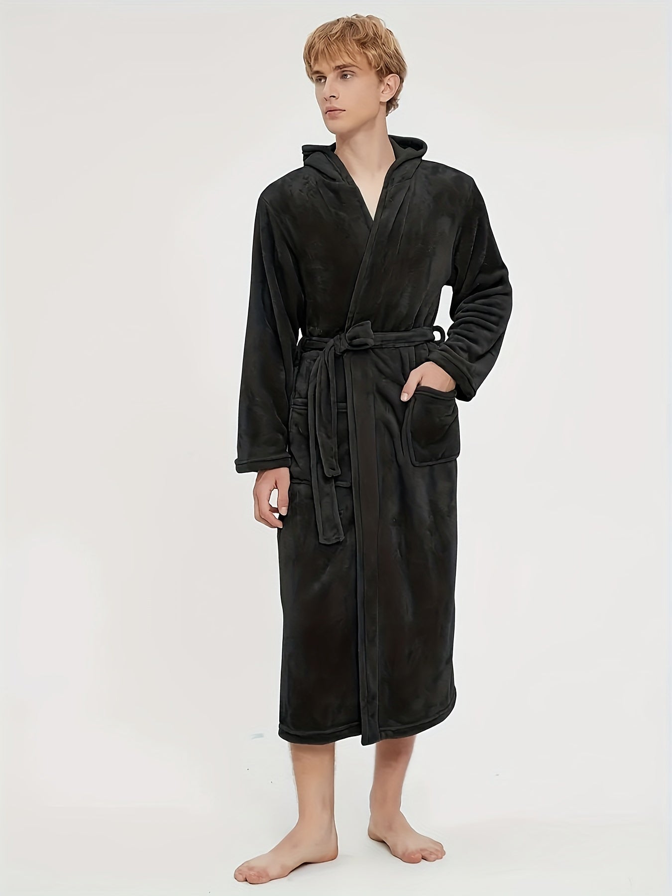 Men's Casual Nightgown, Soft And Comfortable Hooded Robes Full Length With Pockets, New , Plain Hooded Flannel